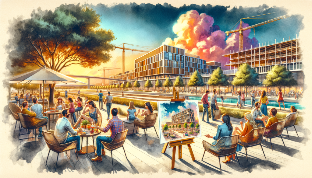 For the hero image of this vibrant and inviting article, imagine a dynamic and engaging scene that captures the essence and excitement of the "Gateway 29- Lot 5" development project in Leander, Texas. Here's a detailed description of what this image could look like: In the foreground, a group of cheerful, diverse people gathers in a welcoming, communal outdoor space that hints at the future retail paradise of Gateway 29- Lot 5. They're sitting on stylish outdoor furniture that blends modernity with comfort, embodying the community vibes and economic growth the project promises. Some are holding refreshments, symbolizing the "grab a cold one" friendliness and the leisurely enjoyment of watching the skyline change. The middle ground showcases a vibrant artist's rendering of the Gateway 29- Lot 5 project. The illustration on an easel or a large display board presents a sleek, one-story retail building with concrete tilt-up walls, surrounded by lush landscaping and bustling with animated shoppers. This rendering is the focal point, radiating the potential and excitement of the new development, inviting onlookers to imagine the finished project. Behind this, the actual construction site of Gateway 29- Lot 5 is visible, bustling with activity. Cranes and construction workers in safety gear are at work under a clear, bright Texas sky, laying the foundation of the retail building. This background scene symbolizes the project's current state – a work in progress that holds promise and potential. The entire scene is framed by the natural beauty of Williamson County, with mature trees and the expansive Texas sky setting a picturesque backdrop. This blend of nature with urban development reflects the article's tone – a celebration of growth, community, and new opportunities in Leander. Above all, the image is bathed in the warm, golden light of a Texas sunset, casting a hopeful and almost magical glow over the scene, embodying the excitement and anticipation of what's to come with the Gateway 29- Lot 5 project. The vibrant colors, lively atmosphere, and forward-looking energy make this hero image a perfect visual introduction to the article, inviting readers to learn more about this transformative development in their own backyard.