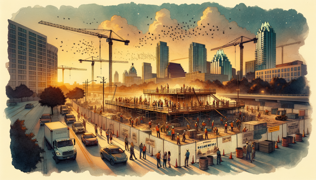 For the hero image of this article, imagine a vibrant and dynamic photograph that encapsulates the spirit of Austin and the essence of the Dreamers project. The scene is set during the magical golden hour, with the sun setting behind the iconic Austin skyline, casting a warm, golden glow over the city. In the foreground, the Dreamers project location at 7821 N. I-35 is bustling with activity, highlighting the renovation and transformation taking place. The composition skillfully balances the old and the new, showcasing a large, eye-catching banner with the "Dreamers" logo draped over the construction fencing. The banner flutters slightly in the breeze, drawing the eye and inviting curiosity. Construction equipment and workers in safety gear are visible, symbolizing progress and the hands-on creation of something new. Beyond the immediate construction site, the Austin skyline rises, with recognizable landmarks subtly lit in the background, reminding viewers of the city's vibrant culture and ongoing evolution. Around the site, people from diverse backgrounds are gathered, some watching the construction, others passing by on their way to explore the city's offerings. This mix of observers and participants reflects the community's engagement and interest in the Dreamers project and the broader changes happening in Austin. In the sky above, faint outlines of construction cranes blend with the colors of the sunset, symbolizing the city's growth and the dreams being built. The image is framed in such a way that it invites the viewer to imagine the future that Dreamers promises to bring to Austin—something fresh, innovative, and full of potential, just like the city itself. This hero image would not only capture the imagination of readers but also convey the excitement and transformative energy surrounding the Dreamers project and the evolving landscape of Austin, inviting them to be part of the conversation and the community's future.