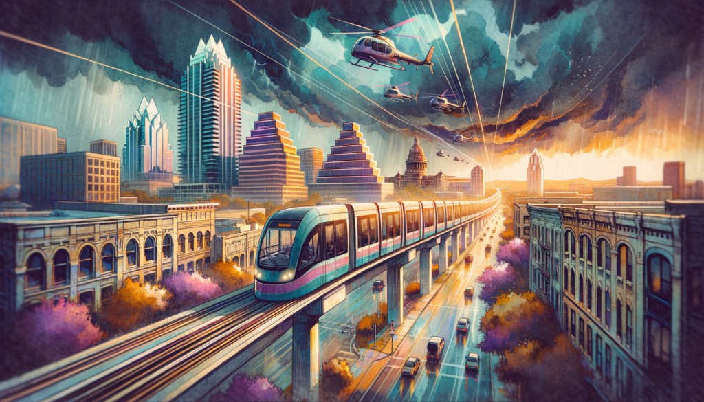 Create an image capturing the essence of the 'Legal Showdown on the Tracks' story from Austin Monitor, an event causing great excitement in modern-day Austin. Visualize a futuristic light-rail system suspended over the city's well-known landmarks in vibrant watercolor and ink layering, brush strokes, highlighting the looming storm on the horizon to signify the hurdles. Incorporate a retro feel by featuring vintage Austin architectural styles in the cityscape, alongside the ultra-modern rail design. The nostalgic elements should blend harmoniously with the contemporary rail system, embodying the tug-of-war between past and future in the city's growth. Limit the color palette to reflect the 'moody Instagram filter' weather, and language of the text, to inspire Austinites with nostalgia and pride. The image should be in a high resolution ideal for both web and print use.