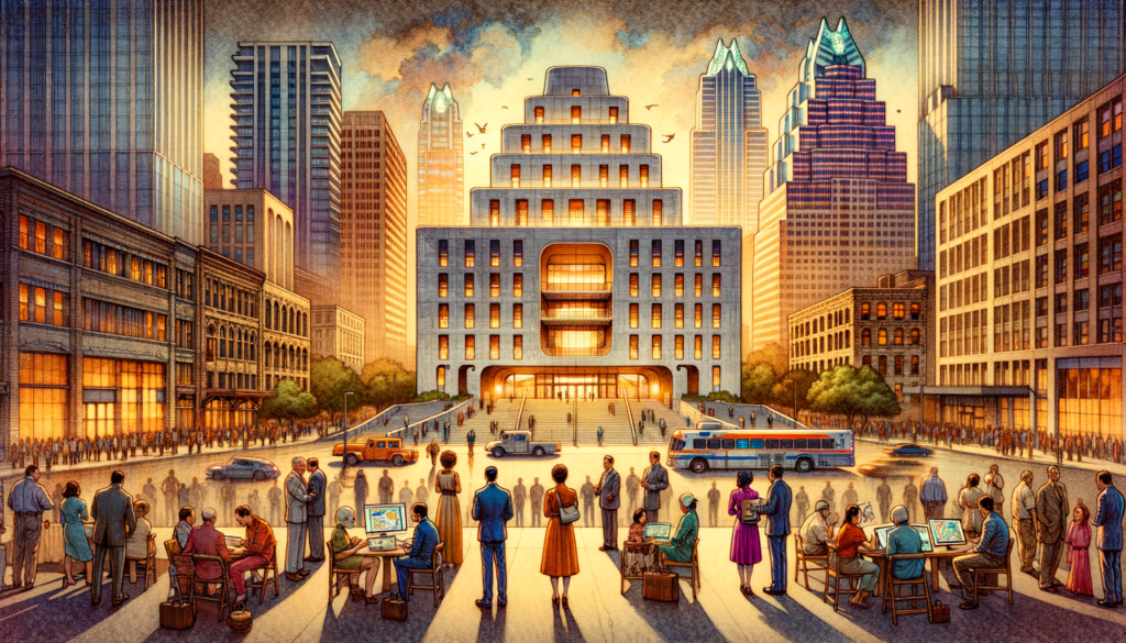 For the hero image of this article, visualize a dynamic and engaging scene that encapsulates the essence of Austin's growth and its role as a hub for state and emergency management operations. The image should feature a futuristic and architecturally striking building representing the new $423 million Texas Division of Emergency Management headquarters and emergency operations center. This building is illuminated against the backdrop of Austin's iconic skyline during the golden hour, symbolizing the city's bright future and importance in emergency management and state operations. In the foreground, diverse groups of people—representing Austin's community, emergency responders, and technology professionals—are engaging with each other, showcasing a collaborative and vibrant atmosphere. Some are looking at digital devices with maps and emergency plans, highlighting the cutting-edge technology and preparedness strategies that will be a hallmark of the new headquarters. Others are in conversation or looking towards the building with expressions of interest and optimism, reflecting the community's involvement and the positive impacts on local real estate and development. Above this scene, the sky is clear and expansive, conveying a sense of new beginnings and the vast possibilities that the TDEM headquarters will bring to Austin. The overall image is one of innovation, community, and growth, perfectly setting the stage for an article that dives into the significant implications of this development for the city of Austin.