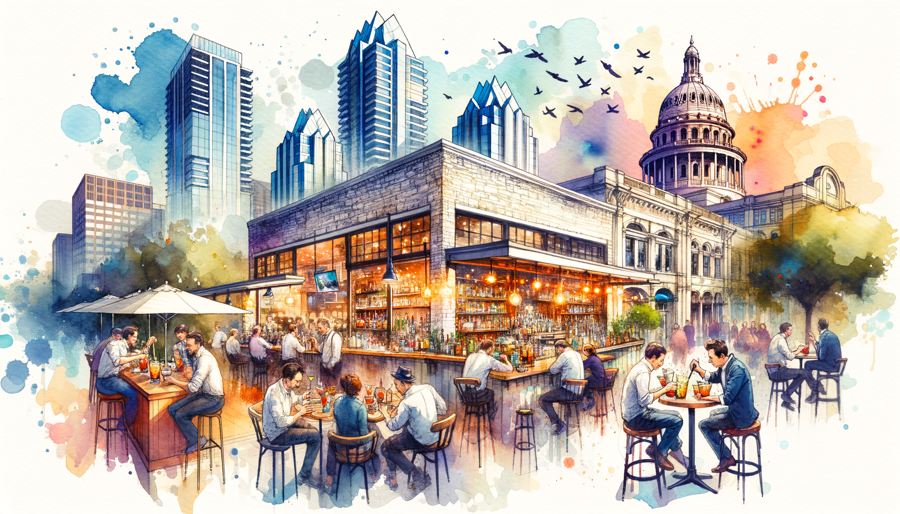 "Generate an image encapsulating the essence of Downtown Austin's newest culinary and cocktail experiences, Manny's and Powder Room. Picture a bustling, vibrant sandwich shop with a community feel on one side, and a mysterious, speakeasy-style cocktail lounge on the other. The scene should be set against a backdrop that blends classic Austin vibes with a touch of modern chic. Include visual cues such as artisanal sandwiches, craft cocktails being mixed tableside, and a lively, welcoming atmosphere that celebrates the city's love for unique, locally-sourced dining experiences. Make sure to capture the spirit of innovation and community that defines Austin's dynamic dining scene."
