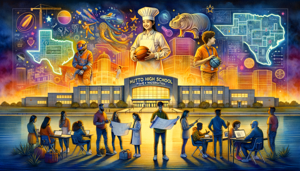 For the hero image of this article, imagine a vibrant and dynamic scene that encapsulates the spirit of innovation, community, and educational advancement in Hutto, Texas. The central motif could feature an artistically stylized rendition of Hutto High School, poised at the dawn of its Phase 4 Modernization. Here's how the scene could unfold: - **Foreground Element**: At the forefront, a group of diverse and enthusiastic students—sporting Hutto High's colors—gather around blueprints and a laptop, their faces alight with curiosity and excitement. They represent the future beneficiaries of the modernization, engaging in fields like auto tech, culinary arts, and athletics, hinting at the modernized facilities to come. One student could be wearing a chef's hat, another holding a basketball, and another with a wrench, symbolizing the various aspects of the modernization. - **Central Focus**: The high school itself, rendered in an optimistic and bright style, towers behind them. It's not just any depiction of the school but one that's augmented with imaginative elements indicating its future state. Think glowing outlines showing the new additions, like the auto shop CTE building and the competition gym, integrated into the school's familiar facade. The school's entrance could be adorned with a banner that reads, "Future Starts Here: Phase 4 Modernization." - **Background Elements**: The Texas sky stretches wide and vibrant above, transitioning from the warm hues of a sunrise at the bottom to the cool tones of midday at the top, symbolizing the project's progress from start to finish. In the sky, abstract shapes and lines interconnect, representing the community's support and the network of opportunities the modernization will bring. A subtle outline of a hippo, the school mascot, could be cleverly integrated into the clouds, watching over the scene. - **Text Overlay**: At the top or bottom of the image, there's room for an inspiring caption, something like, "Embracing the Future: Hutto High's Leap into Tomorrow," set in a bold and forward-looking font. This image, rich in symbolism and optimism, would not only grab the reader's attention but also vividly convey the essence of the article: a community united in its commitment to education, eagerly anticipating the growth and innovation heralded by the Hutto High School Phase 4 Modernization.