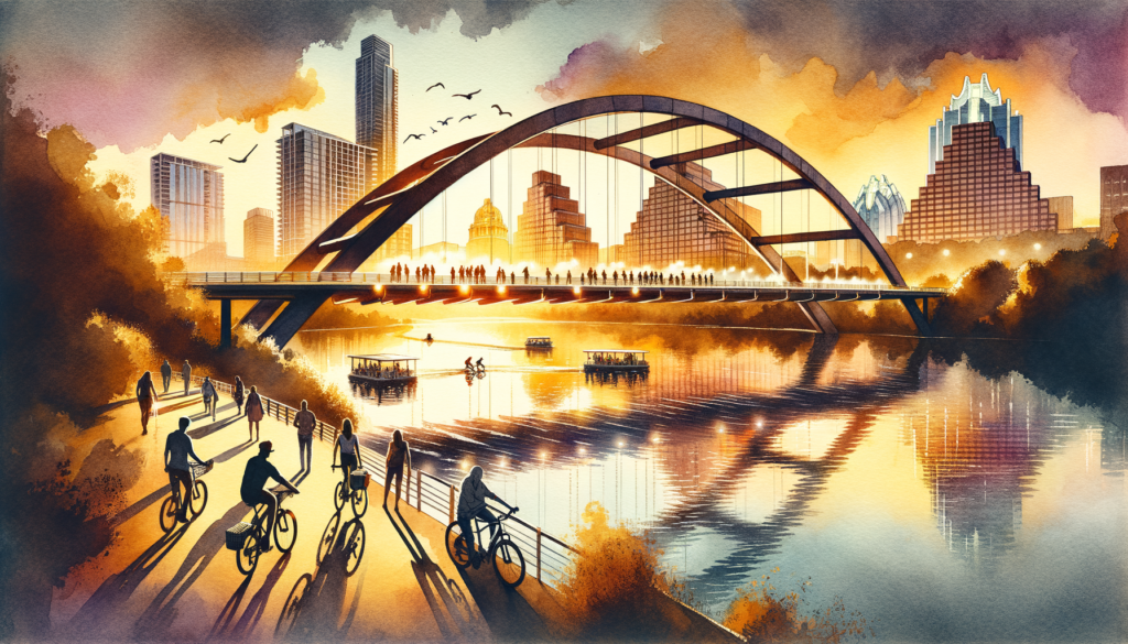 For a hero image that encapsulates the essence and excitement of the new pedestrian and cyclist bridge in east Austin, envision this: **Scene Description:** The golden hour casts a warm, inviting glow over Lady Bird Lake, highlighting the silhouette of the new bridge against a backdrop of Austin's skyline. The bridge, a sleek and modern structure, arches gracefully over the calm waters, connecting the vibrant greenery of east Austin with the bustling downtown scene. On the bridge, a diverse group of Austinites celebrates the bridge's opening. Cyclists pause to take in the view, their bikes equipped with bright lights reflecting off the polished surface of the pathway. Pedestrians, some with dogs on leashes, others jogging or pushing strollers, move along the bridge, showcasing its purpose as a new vein of connectivity for the city. In the foreground, a couple takes a selfie with the skyline behind them, capturing the moment of unity and progress. The lake’s surface mirrors the scene, adding a tranquil and almost dreamlike quality to the image. **Key Elements:** 1. **The Bridge and Skyline**: The bridge, with its innovative design, is the focal point, symbolizing progress and new opportunities. Austin's iconic skyline, including recognizable landmarks, positions the bridge within the heart of the city's cultural and economic hub. 2. **People**: A mix of cyclists, joggers, and casual walkers on the bridge reflects the community's diversity and the bridge's role in enhancing urban life. Their interactions and activities embody the spirit of connectivity and accessibility. 3. **Natural Beauty and Urban Setting**: The juxtaposition of the serene waters of Lady Bird Lake with the urban skyline emphasizes Austin's unique blend of natural beauty and city life, underscoring the bridge's role in harmonizing these elements. 4. **Warm Lighting**: The use of golden hour lighting not only adds beauty and depth to the image but also conveys a sense of new beginnings and the bright future the bridge represents for east Austin and the city as a whole. This hero image not only captures the essence of the article but also serves as an inviting visual representation of the bridge's impact on Austin's landscape, community, and connectivity.