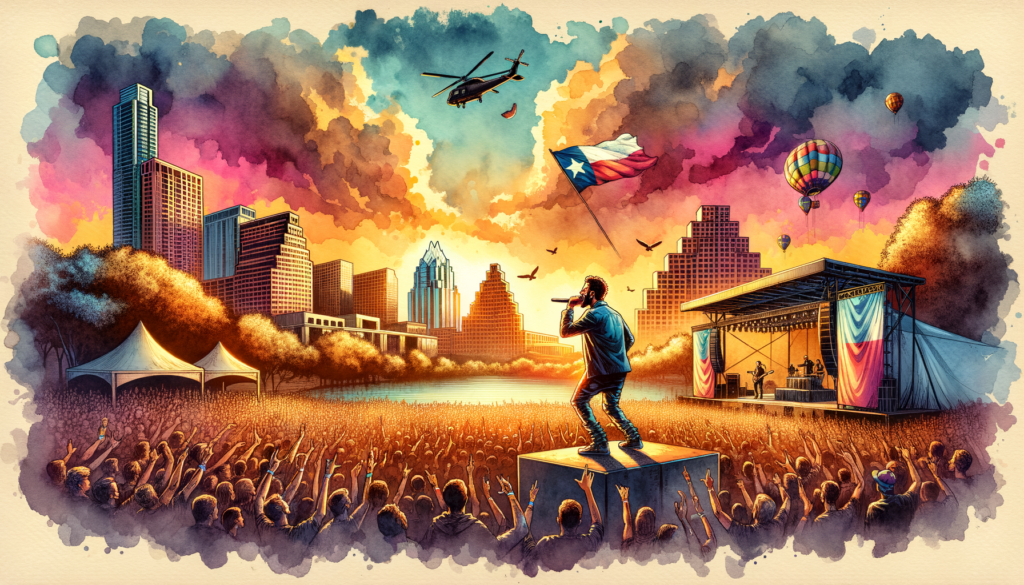 Prompt for DALL·E 3: Create a vibrant and dynamic image that encapsulates the essence of Lil Wayne headlining the Float Fest Presents 2024 in Austin. The scene should be set at the Circuit Of The Americas’ Germania Insurance Amphitheater, with a sunset backdrop casting golden hues over the iconic Austin skyline. Lil Wayne stands center stage, microphone in hand, with an electric energy that ignites the crowd into a frenzy. The audience, a diverse and lively group, is captured in a moment of sheer ecstasy, embodying the spirit of Austin's music scene. Floating elements, like inflatable rafts and tubes, hover above the crowd, nodding to the Float Fest theme, while the Texas flag waves proudly in the background. Make sure to infuse the image with symbolic elements of Austin, such as a subtle outline of the Texas Capitol or a guitar-shaped building, to underscore the city's rich musical heritage. The composition should feel like a celebration of music, community, and the unique Austin vibe, all under the enchanting glow of festival lights.