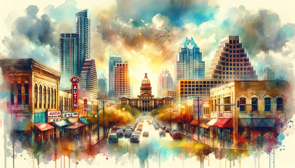Generate a high-resolution watercolor and ink image for a blog post, capturing the excitement of Austin's Indie Meme Film Festival at AFS Cinema. Ensure the scene is set against the backdrop of modern-day Austin, with accurate architectural and natural details. The weather portrayed should mirror that of a classic Austin day with sunlight breaking through low clouds and a cool vibe. Incorporate stylistic elements reminiscent of vintage Austin postcards, integrating iconic landmarks in the background to create a sense of retro nostalgia. Celebrate the essence of the city using vibrant colors and fluid brushstrokes, while maintaining the clarity and impact of the watercolor style.