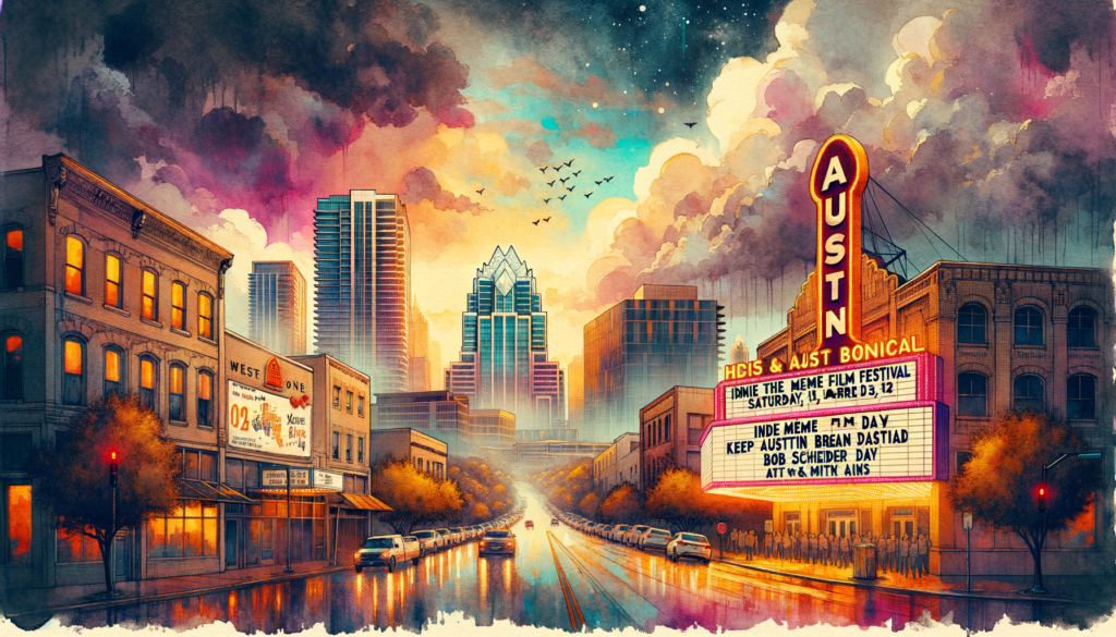 Create a dramatic watercolor and ink image based on the most exciting local news story that is happening in Austin on Saturday, April 20, 2024. The main focus should be the Indie Meme Film Festival, Keep Austin Beautiful Day, and the concert of Bob Schneider and Mitch Watkins. To preserve the modern-day Austin aesthetic, include iconic landmarks such as the AFS Cinema, Martin Luther King Jr. Boulevard, and The 04 Center. Infuse this with a vintage vibe reminiscent of retro Austin postcards along with the weather forecast of thunderstorms and heavy rains. Bring to life this image with expert layering, brush strokes and the interplay of light and shadow to portray the ambiance of the day. The image should evoke a sense of nostalgia and pride among Austinites.
