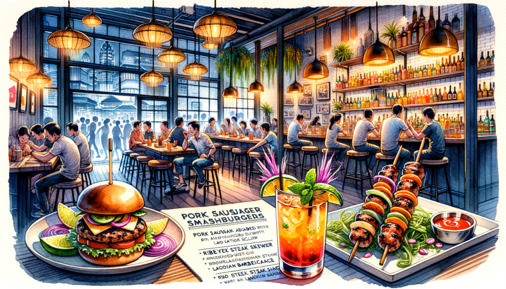 "Create an image that captures the vibrant and innovative spirit of Lao'd Bar, a new culinary hotspot in Far East Austin. The image should blend traditional Laotian elements with modern American flair, reflecting the fusion cuisine offered by Chef Bob Somsith. Visualize a bustling, warmly lit interior with guests enjoying dishes like pork sausage smashburgers with Jeow bong aioli slaw and ribeye steak skewers with Lao barbecue sauce. Incorporate elements that suggest a lively, welcoming atmosphere, such as a colorful cocktail on a table, and hints of Laotian decor that pay homage to the cultural heritage. The scene should invite viewers into a journey of culinary discovery, capturing the essence of Laotian American flavors melding harmoniously in a setting that's distinctly Austin."