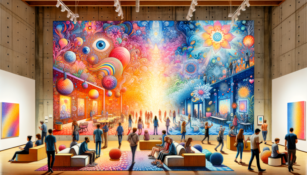 Create an image that captures the essence of the "Touch the Art" exhibit in Austin, highlighting its focus on inclusivity and sensory experiences. Visualize a vibrant, interactive art space where visitors of all abilities, including those visually impaired, are engaging with the artworks in a tactile manner. Include elements that suggest a diverse range of sensory engagements—people feeling textures, listening to sound installations, and perhaps even smelling aromatic components of certain pieces. The setting should radiate warmth and welcome, with art pieces that are visually appealing yet clearly designed to be experienced beyond sight. Incorporate symbols of Austin's creative and inclusive spirit, such as vibrant colors, motifs of unity, and perhaps subtle nods to local culture and landmarks, ensuring the image conveys a strong message of community, accessibility, and the breaking down of traditional barriers in art appreciation.