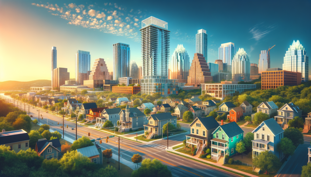 Create a photorealistic image capturing a vibrant city scene on a hot sunny day with highs of 93°F and slight humidity. The cityscape features a wide spectrum of architectural styles, from traditional single-family homes to modern designs, along with a unique high-rise structure that stands out. Please ensure that each building is distinct and that no particular structure is repeated. The scene should convey excitement and interest, enhancing the engagement factor. Please substitute trademark-protected buildings with generic alternatives and avoid any close-ups or portraits of individuals. There should be no text, signs, labels, or symbols in the image. Please refrain from including Austin's Frost Bank Building or similar structures.