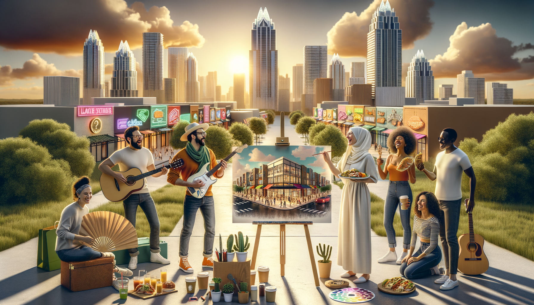 For the hero image of this article, envision a vibrant and dynamic scene that captures the essence of Austin's unique culture and the excitement surrounding the Grace Plaza Retail project. The image should creatively blend elements of Austin's iconic cityscape with hints of the project's architectural designs, providing a visual teaser that piques interest and curiosity. Here's a detailed description: In the foreground, a lively group of people, embodying Austin's diverse and vibrant community, gathers in anticipation. They are a mix of artists with guitars, local business owners, and families, all buzzing with excitement. Some are holding artistically designed cups of coffee from local Austin cafes, others are wearing T-shirts with the iconic "Keep Austin Weird" slogan, and a few are even enjoying breakfast tacos, highlighting the city's famous culinary scene. This group represents the local community's eagerness about the new retail space and the promise of communal gathering spots. Behind this gathering, an artist's easel stands, showcasing a conceptual rendering of the Grace Plaza Retail project. The rendering is stylized and vibrant, hinting at the architectural marvel it promises to be. The design incorporates modern, sleek lines with playful, colorful accents, reflecting both the project's innovative nature and Austin's eclectic style. The inclusion of green spaces and communal areas within the rendering emphasizes the project's focus on community and socializing. In the background, the Austin skyline provides a familiar backdrop, with recognizable landmarks like the Frost Bank Tower subtly incorporated. The skyline is bathed in the warm hues of a Texas sunset, suggesting the project's bright future and the economic and cultural vibrancy it will bring to the city. Above this scene, the title of the article, "Grace Plaza Retail: The Next Big Thing in Austin's Cityscape," is superimposed in bold, eye-catching letters. The title, along with the image, serves as an invitation to readers to delve into the article and discover more about this exciting new addition to their beloved city. This hero image seamlessly blends the anticipation of the Grace Plaza Retail project with the unique spirit of Austin, setting the stage for an article that explores the impact of this development on the local community, economy, and cityscape.