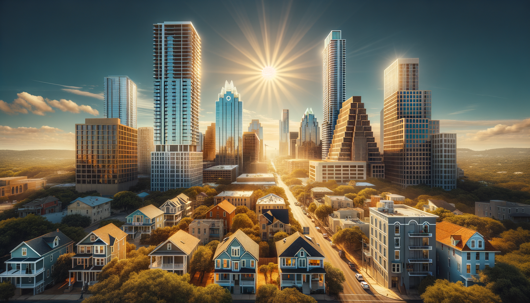 Create a photorealistic image that captures the essence of an urban landscape under a clear sky with a bright sun. The setting is a bustling city with a diverse range of architectural styles - from an uniquely designed high-rise building, distinct from Austin's Frost Bank Building, to the charm of traditional single-family homes and the sleek lines of modern structures. Ensure each building is unique, with no repetitions. The architecture should fuse together seamlessly to create a strikingly eclectic skyline. The weather reflects a bright summer day, accurately representing the forecast with warm tones and long shadows.