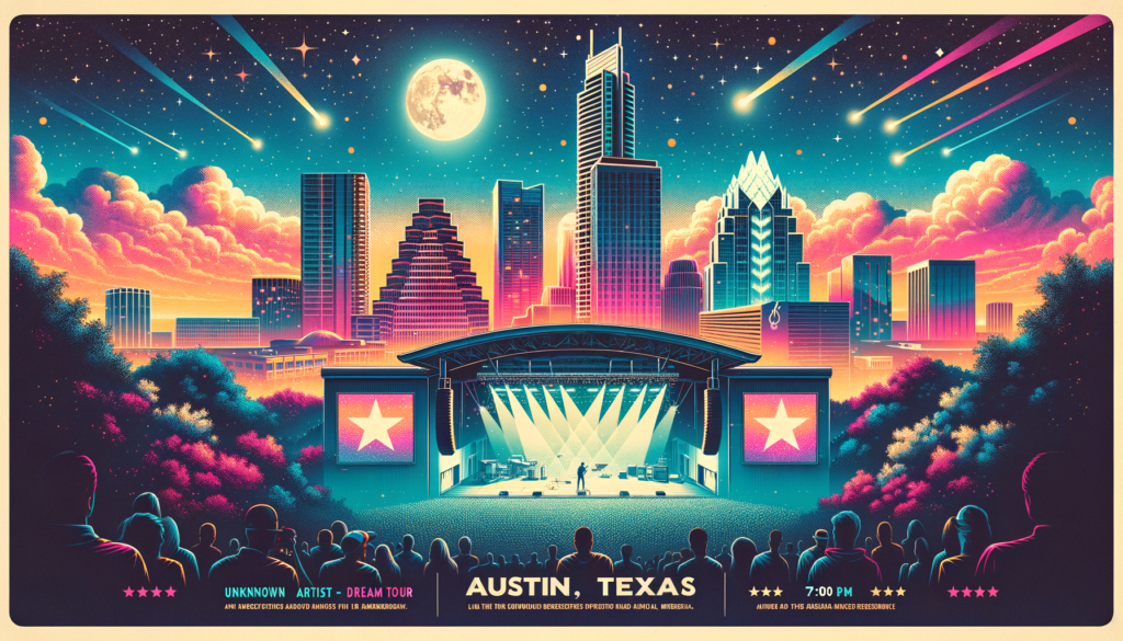 Prompt: "Create an electrifying and visually stunning digital poster for 21 Savage's American Dream Tour in Austin. The image should capture the raw energy and authentic vibe of 21 Savage's music, seamlessly blending with the iconic skyline of Austin, Texas, under a starlit sky. Incorporate elements that symbolize American dreams and aspirations, such as symbolic references to freedom, ambition, and the pursuit of happiness, all while highlighting the Germania Insurance Amphitheater as the epicenter of this musical extravaganza. The poster should exude a sense of anticipation and excitement, inviting fans into a night of unforgettable live music and vibrant city life. Make sure to include the concert details in a stylish and eye-catching font: Event Name - 21 Savage: American Dream Tour, Location - Germania Insurance Amphitheater, Time - 7:00 PM, and the hashtag #21SavageInATX for social media buzz. The overall mood should be dynamic, colorful, and infused with the spirit of both 21 Savage and the live music capital of the world, Austin."