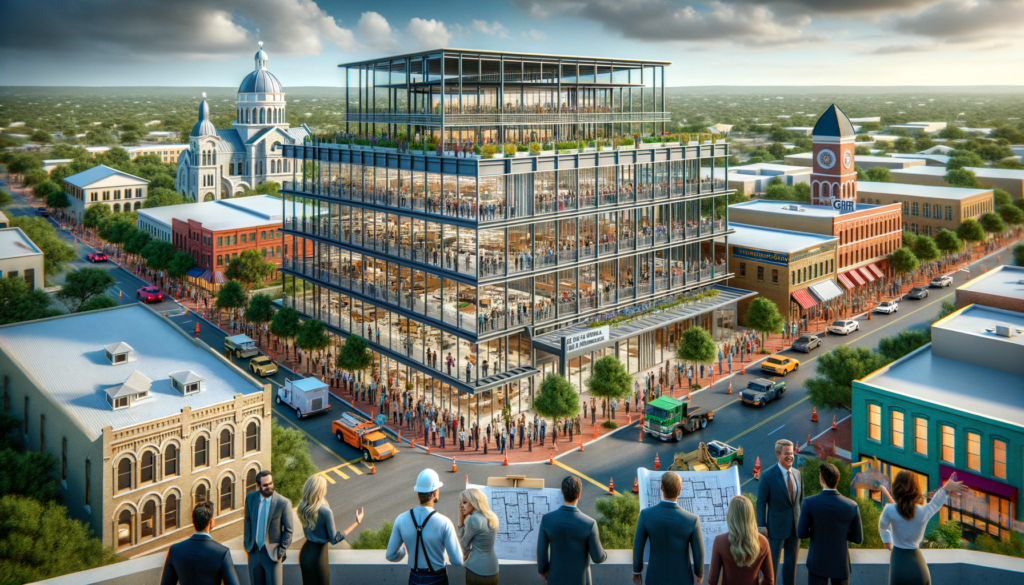 For the hero image of this article, envision a dynamic and vibrant scene that captures the essence of innovation, community growth, and the exciting future of Georgetown, Texas, within the context of the USF Main Office & Training Room TI at the GTX Industrial, BLDG. C project. Here's a detailed description of the scene: **Foreground:** A sleek, modern architectural rendering of the USF Main Office & Training Room TI stands prominently. The building exudes innovation with its clean lines, large glass windows, and state-of-the-art design. In front, a colorful banner reads "Future Home of USF Main Office & Training Room TI – Coming 2024". **Middle Ground:** Diverse groups of people are engaging with the space and each other, symbolizing community and opportunity. This includes construction workers with hard hats and blueprints discussing plans, a group of local business owners looking excitedly at the building, and potential employees or trainees in casual and professional attire, pointing at the building and talking amongst themselves. Their diversity in age, race, and professions reflects the wide-ranging impact of the project on the community. **Background:** The charming and bustling downtown Georgetown area stretches out, hinting at the local flavor and community vibe. The historic downtown buildings are visible, but with a slightly blurred effect to keep the focus on the main subject. The iconic Georgetown courthouse and a few local businesses can be seen, along with the verdant Texas hill country landscape in the far distance. **Sky:** A bright, clear blue sky with a few fluffy clouds symbolizes a hopeful future and the dawn of new opportunities. The sun is positioned to cast a warm, inviting light on the scene. **Overlay Text:** Bold and engaging text overlays on the image, reading: "Innovation Meets Community: The Future of Georgetown Real Estate" to immediately draw readers into the essence of the story. This hero image serves as a visual invitation to the article, encapsulating the project's significance in terms of innovation, community impact, and real estate opportunities in a way that's immediately engaging and informative.