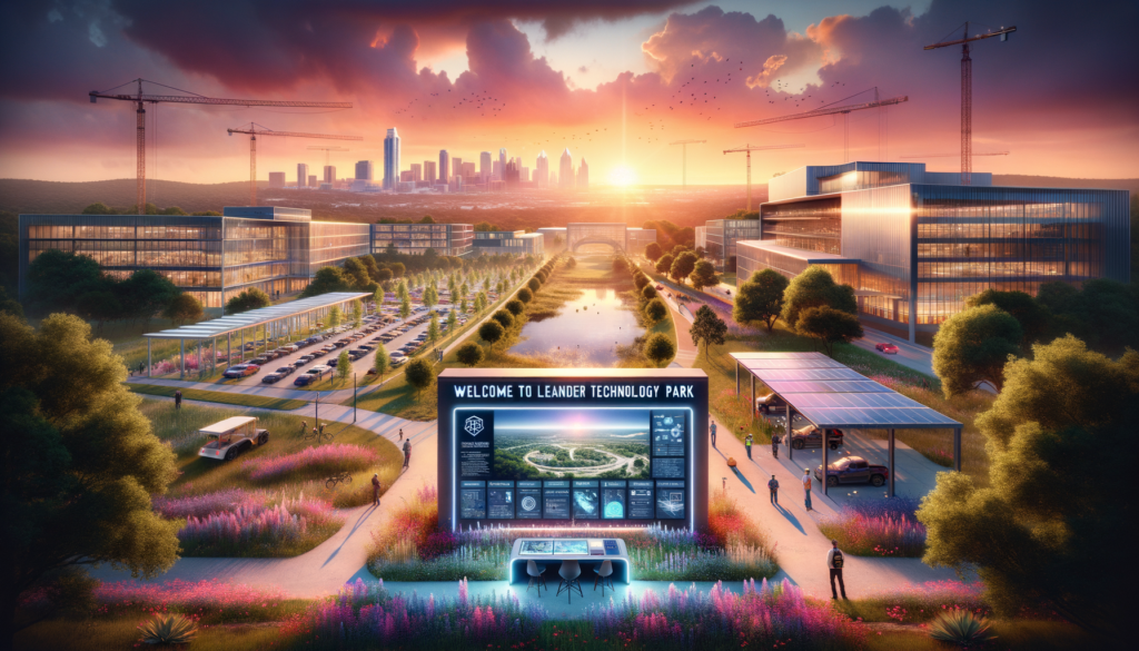 For the hero image of this article, envision a dynamic and visually engaging scene that captures the essence of innovation and community growth around the Leander Technology Park. Here's a detailed description: **Foreground:** A glossy, futuristic sign that reads "Welcome to Leander Technology Park, The Future of Tech in Texas" stands prominently. The sign is sleek, with digital elements such as a touch screen panel displaying a map of the park and its features. The sign is surrounded by lush landscaping, including native Texas wildflowers and greenery, showcasing the park's commitment to blending technology with natural beauty. **Middle ground:** In the background, construction cranes and workers wearing hard hats and high-visibility vests are actively engaged in the construction of modern, glass-faced buildings that reflect the early morning or late afternoon sun, creating a golden hue. The architecture is cutting-edge, with clean lines, solar panels, and green spaces integrated into the rooftops and surroundings. A few electric vehicles and bikes are parked in a nearby lot, emphasizing sustainability and modern transportation options. **Background:** The distant skyline of Austin is visible, with recognizable landmarks subtly outlined against a sky painted in vibrant oranges, pinks, and purples of a Texas sunset or sunrise. This connection signifies the relationship between the new tech park and the city of Austin. **Overall Atmosphere:** The image exudes a sense of excitement and anticipation for the future, with a vibrant and energetic color scheme that draws the viewer in. The composition balances the natural beauty of the Leander area with the technological advancements the park represents. This hero image would not only captivate the audience but also visually encapsulate the article's theme of innovation, growth, and the bright future of tech in Texas, particularly in the Austin-Leander area.