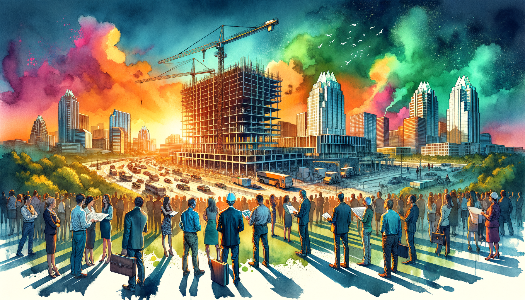 For the hero image of this article, visualize a dynamic and engaging scene that embodies the essence of innovation, community, and the architectural beauty of the Revelus project in Austin. Imagine the following elements coming together in a vibrant composition: 1. **Foreground**: A lively gathering of diverse Austin residents with a mix of professionals, families, and individuals, all looking towards the future site of the Revelus project. They could be wearing casual and work attire, some with hard hats, symbolizing the community's involvement and anticipation. Include a couple of people holding the architectural plans or a digital tablet displaying the project renderings, pointing towards the site. 2. **Midground**: The construction site of Revelus at 4401 Westgate Blvd, bustling with activity. Cranes and construction workers in action, highlighting the start of something new and exciting. The construction signage proudly displays the name "Revelus" with slogans like "Innovation Meets Community Health" and "The Future of Austin's Healthcare." 3. **Background**: The iconic Austin skyline with recognizable landmarks, subtly hinting at the city's forward-thinking spirit and the project's significance in the heart of Travis County. The skyline is bathed in the warm glow of a setting sun, symbolizing hope and the dawn of a new era for Austin. 4. **Atmosphere**: The overall scene is vibrant and full of energy, with the warm colors of the sunset casting a hopeful and dynamic light on the entire image. The inclusion of green elements, like trees and plants, around the construction site reflects the project's commitment to community health and environmental consciousness. 5. **Text Overlay**: A catchy and engaging title like "Revelus: Shaping Austin's Future" in bold, modern font. Below it, a brief teaser, "Discover how innovation and community health are coming together at 4401 Westgate Blvd." This hero image would not only attract attention with its visual appeal but also encapsulate the article's main themes—innovation, community, and the transformative journey of the Revelus project in Austin.