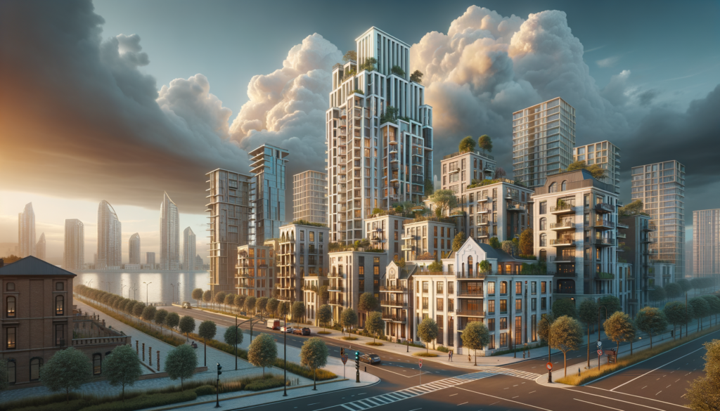Create a photorealistic image in the style of professional photography that combines the key elements of the provided article into a unified scene. The scene should depict the current weather as partly cloudy, with the approach of a thunderstorm in the evening - consider the colours of the sky at such times. The architectural styles should be diverse, showcasing a unique high-rise, traditional single-family homes and modern buildings - all generic alternatives to avoid trademark infringement. Each building should be unique, with no repetitions. Aim towards creating an engaging scene that is both striking and memorable, without the inclusion of any text, signs, labels, or symbols.