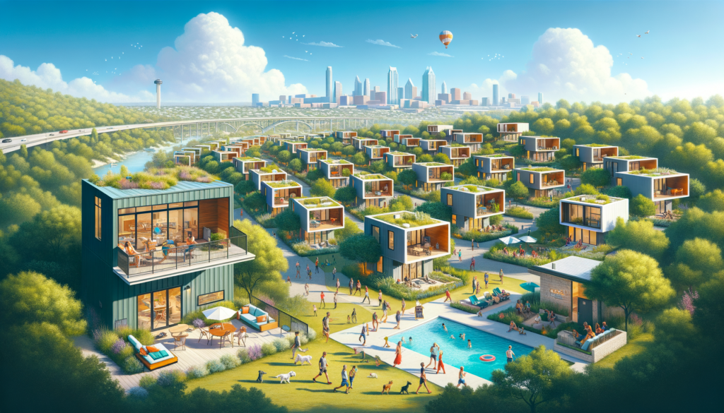 "Dalle 3 prompt: Illustrate a vibrant and bustling micro-home community nestled in the heart of San Marcos, Texas, under a clear blue sky. The image should capture the essence of innovative, sustainable urban living with a variety of tiny, yet luxurious homes, ranging from 512 to 806 square feet, dotted throughout a lush, green landscape. Include residents enjoying communal amenities such as a sparkling pool, a modern community center, dog runs, pocket parks, and an exercise facility. The scene should convey a sense of close-knit community and forward-thinking lifestyle, with the backdrop of a sunny day to highlight the eco-conscious, minimalist living experience Casata San Marcos offers near the vibrant city of Austin."