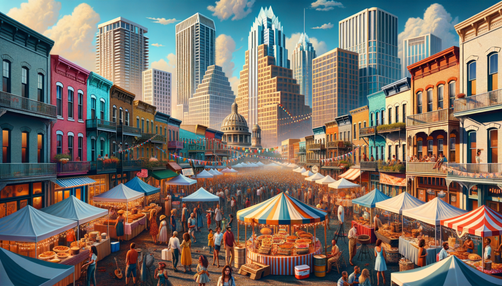 Prompt: "Create an inviting and vibrant image that encapsulates the Austin Soul Food Festival experience in Republic Square. The image should radiate the warmth and community spirit of Austin, featuring a diverse group of people coming together to enjoy traditional African American cuisine and soulful music. Illustrate a bustling festival atmosphere set in a picturesque outdoor setting, with booths serving mouthwatering soul food dishes like fried chicken, gumbo, and sweet potato pie. Add a stage where a live band plays soulful beats, with festival-goers dancing and relishing the day. The background should highlight iconic Austin landscapes, ensuring the city's vibrant culture and lively community spirit are at the heart of the image."