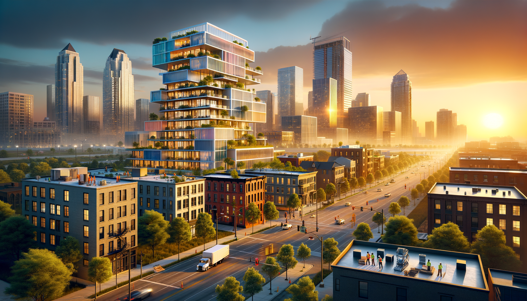 For the hero image of this article, envision a dynamic and engaging photograph that captures the essence of excitement and progress in Williamson County. The image is set against a vibrant sunrise, symbolizing the dawn of new developments and opportunities. In the foreground, a large, illustrated billboard stands, showcasing an artist's rendering of the New Williamson County Headquarters Facility. The rendering highlights the building's modern, innovative design, with emphasis on sustainability and aesthetics, as described by Marmon Mok Architecture. The scene is bustling with activity: construction workers in hard hats and reflective vests are seen discussing plans, with construction machinery partially visible in the background, ready to commence work. The Texas landscape provides a picturesque backdrop, blending urban convenience with rural charm, as mentioned in the article. A few mature, iconic Texas live oaks frame the scene, nodding to the blend of growth and respect for the environment. In the sky, the phrase "The Future of Williamson County" is digitally superimposed, echoing the article's theme of growth and community development. This text, along with the rising sun, symbolizes optimism and forward momentum. This hero image serves not only as an eye-catcher but also as a visual summary of the article's main points: community impact, economic boost, and a commitment to sustainability and innovation. It invites Austinites and future residents to feel a sense of pride and anticipation for the monumental construction project that promises to be as big and bold as Texas itself.