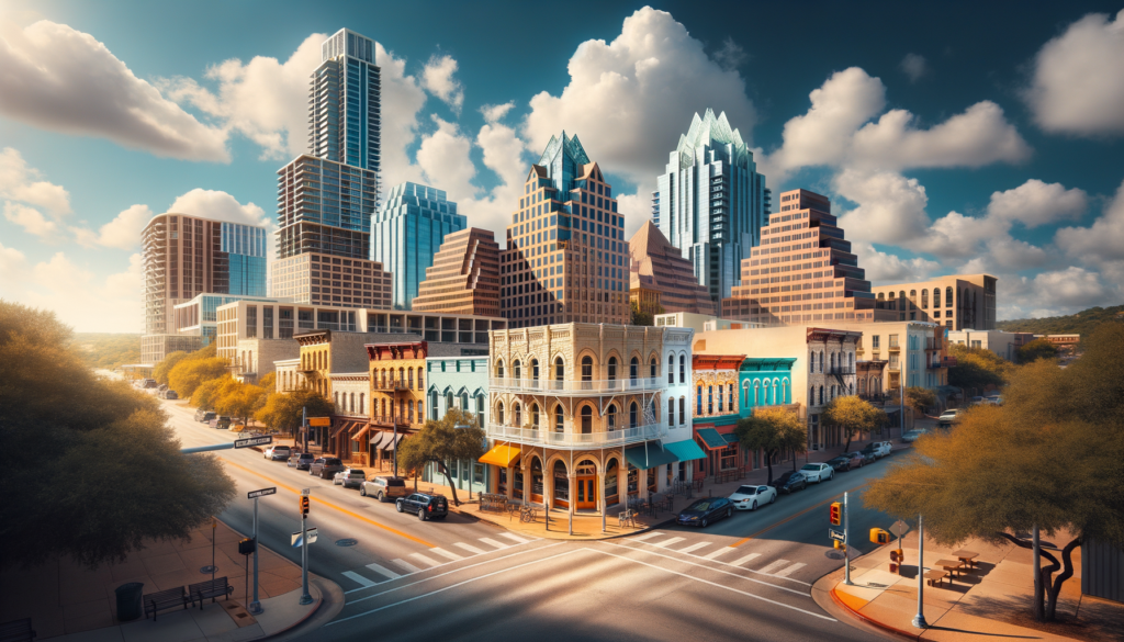 Create an expertly photographed, unified scene displaying a diverse range of architectural styles under a bright summer sky, inspired by the city of Austin, Texas. Include a unique high-rise building, traditional single-family homes, and modern structures, ensuring that no building appears twice, especially avoiding structures similar to Austin's Frost Bank Building. Substitute any trademark-protected items with similar generic alternatives. The weather should be a summery day with clear, blue skies.