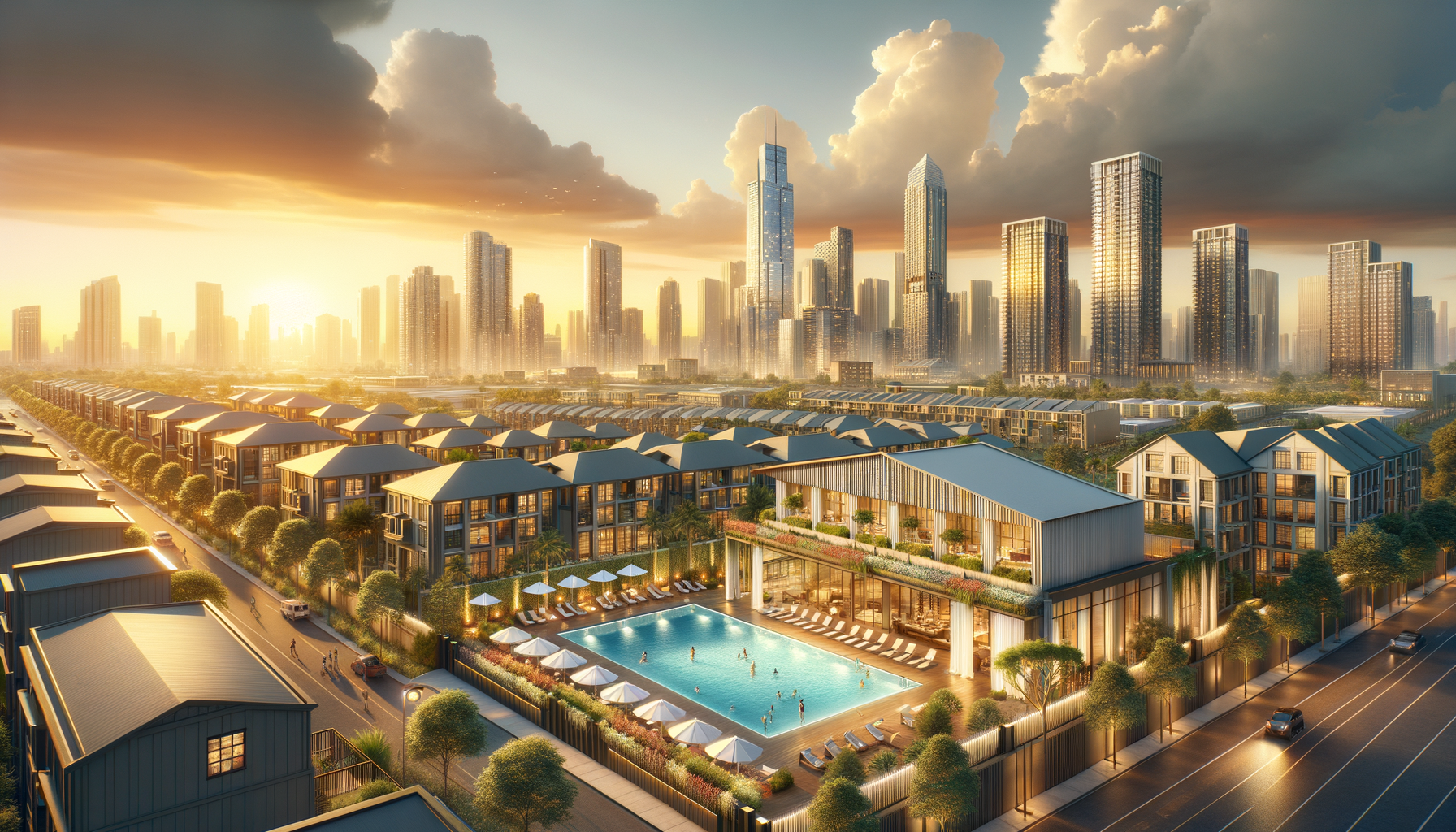 The hero image for this article could feature a vibrant and dynamic scene that encapsulates the excitement and promise of the new apartment complex and the quintessential Austin vibe. Picture this: In the foreground, an artist's rendering of the FM 969 Apartment Complex is prominently displayed. The architectural drawing showcases the luxurious 1-story club/leasing facility with its inviting pool court, surrounded by the multi-story wood frame structures under a clear, sunny Austin sky. The illustration is detailed and colorful, emphasizing the modern and chic design of the complex. Behind the rendering, the Austin skyline looms, with recognizable landmarks like the Frost Bank Tower and the Texas State Capitol in view, bathed in the golden hues of a setting sun. This backdrop symbolizes the apartment complex's integration into the heart of Austin's vibrant community. To the side or bottom of the image, a sleek, modern font spells out "Welcome to Your Next Adventure in Austin Living" or "The Future of Austin Living Begins at FM 969 Road". This text ties the image to the article's theme of excitement and anticipation for the new development. The overall effect of the hero image is one of warmth, welcome, and innovation, inviting readers to envision themselves as part of this exciting new phase in Austin's growth. It captures the essence of the article: a blend of detailed information about the FM 969 Apartment Complex and the broader appeal of Austin's dynamic real estate and lifestyle opportunities.