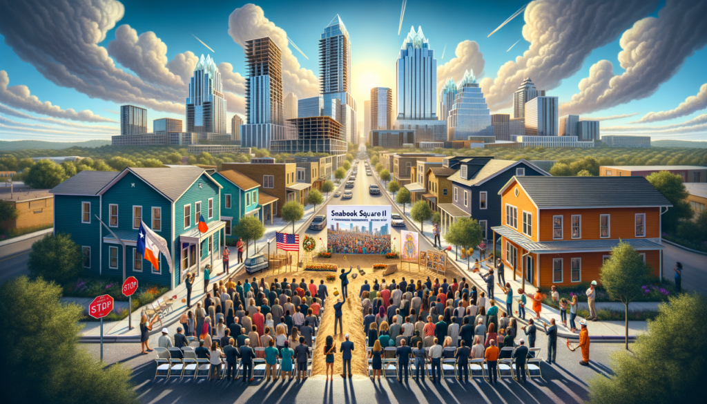 For the hero image of this article, envision a vibrant and hopeful scene that captures the essence of Seabrook Square II's impact on East Austin and its fight against chronic homelessness. The image features a bright, sunny day with clear skies over East Austin. In the foreground, a diverse group of people—community members, city officials, and construction workers—gather around a groundbreaking ceremony for Seabrook Square II. They are all smiling, some are holding shovels ready to break ground, while others hold the project's blueprint and renderings that showcase the future building. In the center, a large, artistically designed sign reads "Seabrook Square II: A New Chapter for Austin," surrounded by hard hats and construction equipment, symbolizing the beginning of construction. Behind this group, banners and digital screens highlight key messages about the project, such as "Building Homes, Nurturing Lives," and "A United Austin Against Homelessness." The backdrop features the East Austin skyline, blending historical structures with modern developments, illustrating the dynamic growth and transformation of the area. The scene is buzzing with positive energy, emphasizing community collaboration and the shared vision for a more inclusive and supportive Austin. This hero image encapsulates the article's themes of hope, community, and transformative change, inviting readers to feel not just informed about Seabrook Square II, but also inspired and connected to the broader narrative of progress and compassion in their city.