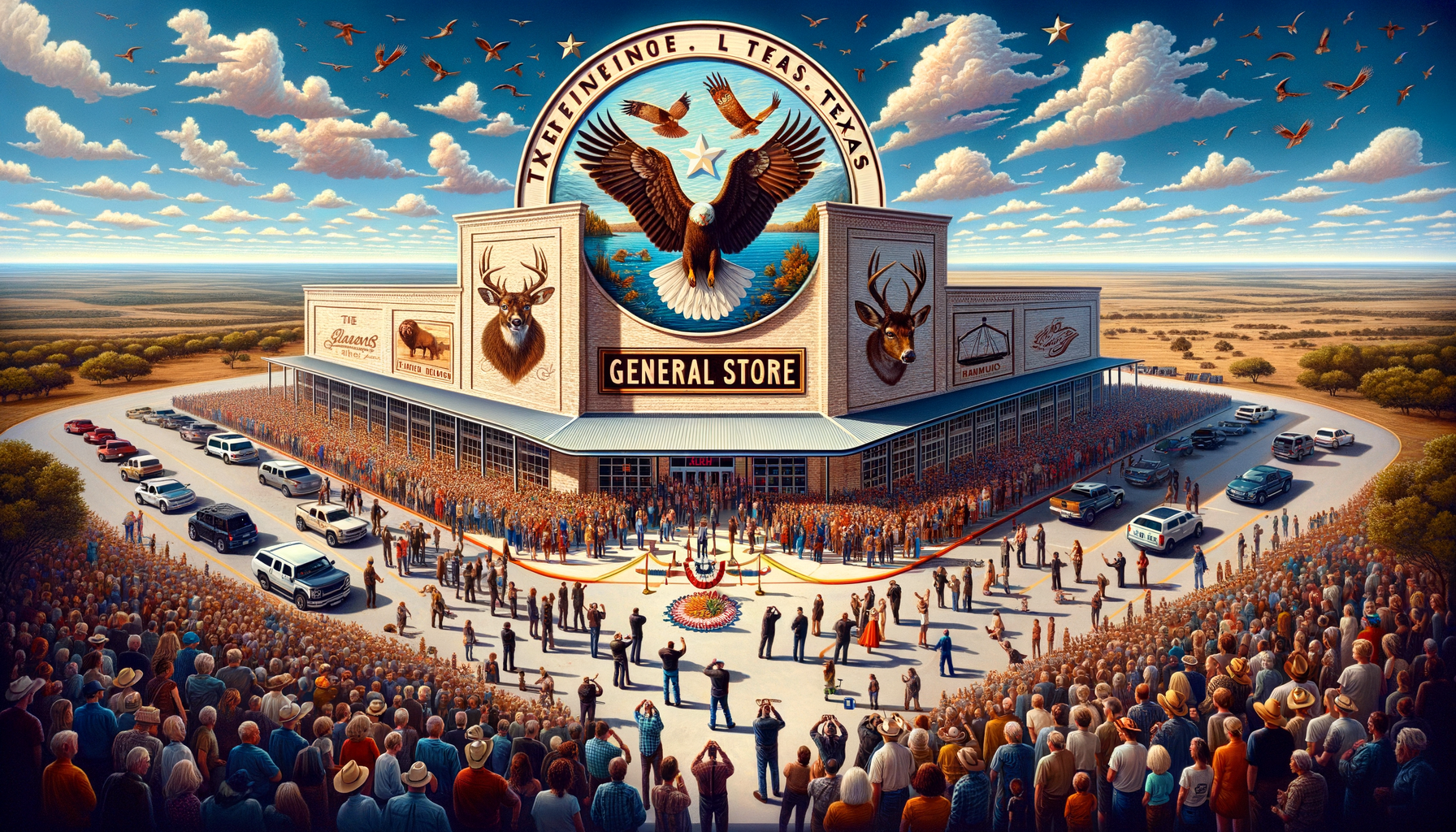 "Dalle 3 prompt: Illustrate an expansive, vibrant scene capturing the grand opening of the largest Buc-ee’s ever in Luling, Texas. This scene should be bustling with excitement, featuring a massive, state-of-the-art Buc-ee’s store at the center, adorned with the iconic Buc-ee’s beaver logo. Include happy families, road trippers, and locals gathered around in celebration, with some individuals cutting a grand ribbon at the entrance. The background should reflect the spirit of Central Texas, with wide-open skies, a few rolling hills in the distance, and elements highlighting Texas pride, such as state flags and symbols of Texas culture. Make sure to convey a sense of community, excitement, and the unique charm of a monumental road trip destination."