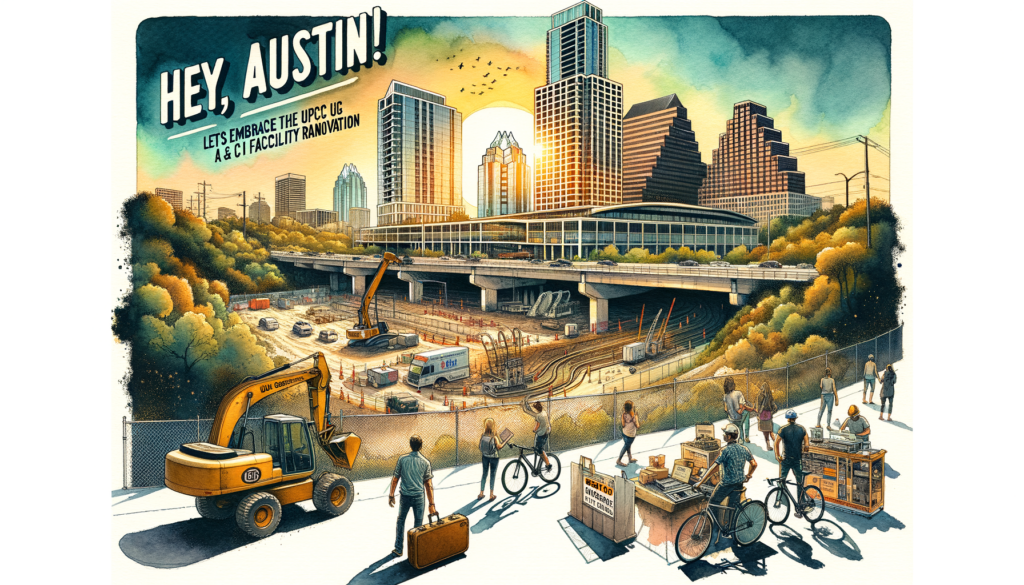 For the hero image of this article, imagine a dynamic and engaging visual that captures both the essence of Austin and the futuristic vision of the UFCU A3 & C1 renovation project. Picture this: In the foreground, there’s a vibrant, artistic rendering of the UFCU facility at 8303 N Mopac Expressway, showing the building enveloped in construction tape and scaffolding to signify the ongoing renovation. The structure is illustrated with sleek, modern lines and a flurry of activity around it, including construction workers in safety gear and state-of-the-art equipment, all under the warm, inviting glow of a setting sun that bathes the scene in golden hues. This indicates not just construction, but progress and innovation. The background contrasts the construction site with iconic Austin landmarks and elements that shout "Austin" - perhaps the Pennybacker Bridge (360 Bridge) in the distance, a hint of the downtown skyline, and lush greenery indicative of the city's vibrant natural surroundings. It’s bustling with life; people enjoying outdoor activities, a musician with a guitar case, and cyclists, painting a picture of a community full of energy and diversity. Overlaying the image, in a stylish, modern font, the title "Hey, Austin! Let’s Embrace Our City’s Transformation" floats above the scene, with smaller text below saying, "Diving into the UFCU A3 & C1 Facility Renovation." This hero image serves as a visual metaphor for the article's theme: a blend of progress and preservation, innovation coupled with community spirit, all under the umbrella of Austin's unique character. It invites readers into the story, ready to learn how this renovation project is not just an upgrade of a facility but a symbol of Austin's continual growth and communal ethos.