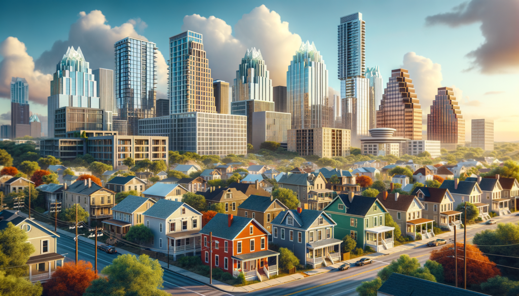 Create a photorealistic image that captures the essence of a city, skillfully combining various architectural styles in a unified scene. In this picture, include a unique high-rise building reminiscent of a modern metropolis, traditional single-family homes reminiscent of a small town, and modern structures that bring a contemporary flair to the scene. The weather setting for this scene is mostly sunny, reflecting the forecast in Austin on today's date (May 14, 2024). To respect brand trademarks, avoid featuring any specific buildings, especially buildings from Austin like the Frost Bank Building, instead create similar but generic alternatives. This image won't feature any close-ups or portraits of people and also won't include any text, signs, labels, or symbols. Each building should be distinctive, with no repeating structures. Strike a balance between diversity and harmony to produce a striking and engaging image that captures viewers' interest.