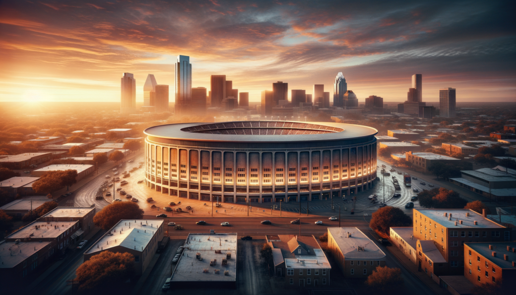 "Create an emotional, nostalgic digital illustration commemorating the Frank Erwin Center, known as 'The Drum,' on its final day before demolition. The image should capture a sunset over the Austin skyline, with the silhouette of the Erwin Center prominently featured in the foreground. Ghostly echoes of past events—faint outlines of cheering crowds, basketball games, and musical performances—should blend into the scene, symbolizing the memories made within its walls. Include a subtle overlay of the Texas Longhorns logo to honor the sports history. The mood should be bittersweet, honoring the legacy of the venue while acknowledging the inevitability of change in Austin."