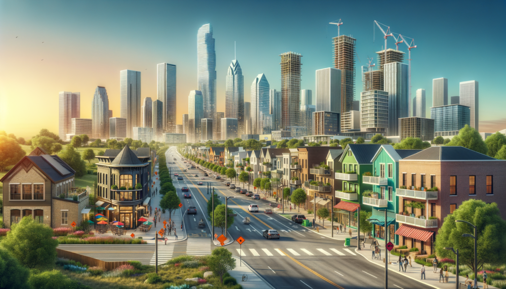 The hero image for this article could depict a dynamic and engaging scene that captures the essence of progress and community spirit in Pflugerville. Imagine a wide-angle view that visually embraces both the present and the future of Immanuel Road. The foreground shows the current state of Immanuel Road, a two-lane road bustling with daily life—cars, cyclists, and pedestrians navigating their way with the backdrop of Pflugerville's local businesses and homes. The road itself is bordered by construction signage indicating the upcoming expansion, with a digital billboard displaying a countdown to the project start date, subtly reminding the community of the exciting changes ahead. Transitioning from the foreground to the background, the image seamlessly morphs into an artist's vibrant rendering of the future Immanuel Road post-expansion. This envisioned future showcases a widened three-lane roadway, lush greenery along new sidewalks bustling with people, modern streetlights illuminating the path, and a pedestrian bridge in the distance. The addition of more accessible and safe sidewalks is highlighted by a family walking together, enjoying the new infrastructure. Above this inspiring scene, the sky is a canvas of dawn, symbolizing the new beginnings and growth on the horizon for Pflugerville, with construction cranes silhouetted against the rising sun, marking the ongoing development and progress. The image captures the essence of anticipation and community improvement, inviting Austinites to envision the positive changes the Immanuel Road Expansion project promises to bring. Overlaying this compelling visual, a semi-transparent banner contains the article's title, "Hey there, Austinites! The Road to the Future: Immanuel Road Expansion," with the subtitle emphasizing the community's journey towards a more connected and accessible Pflugerville. This hero image not only draws readers into the article but also encapsulates the excitement and communal benefits of the upcoming infrastructure improvements.