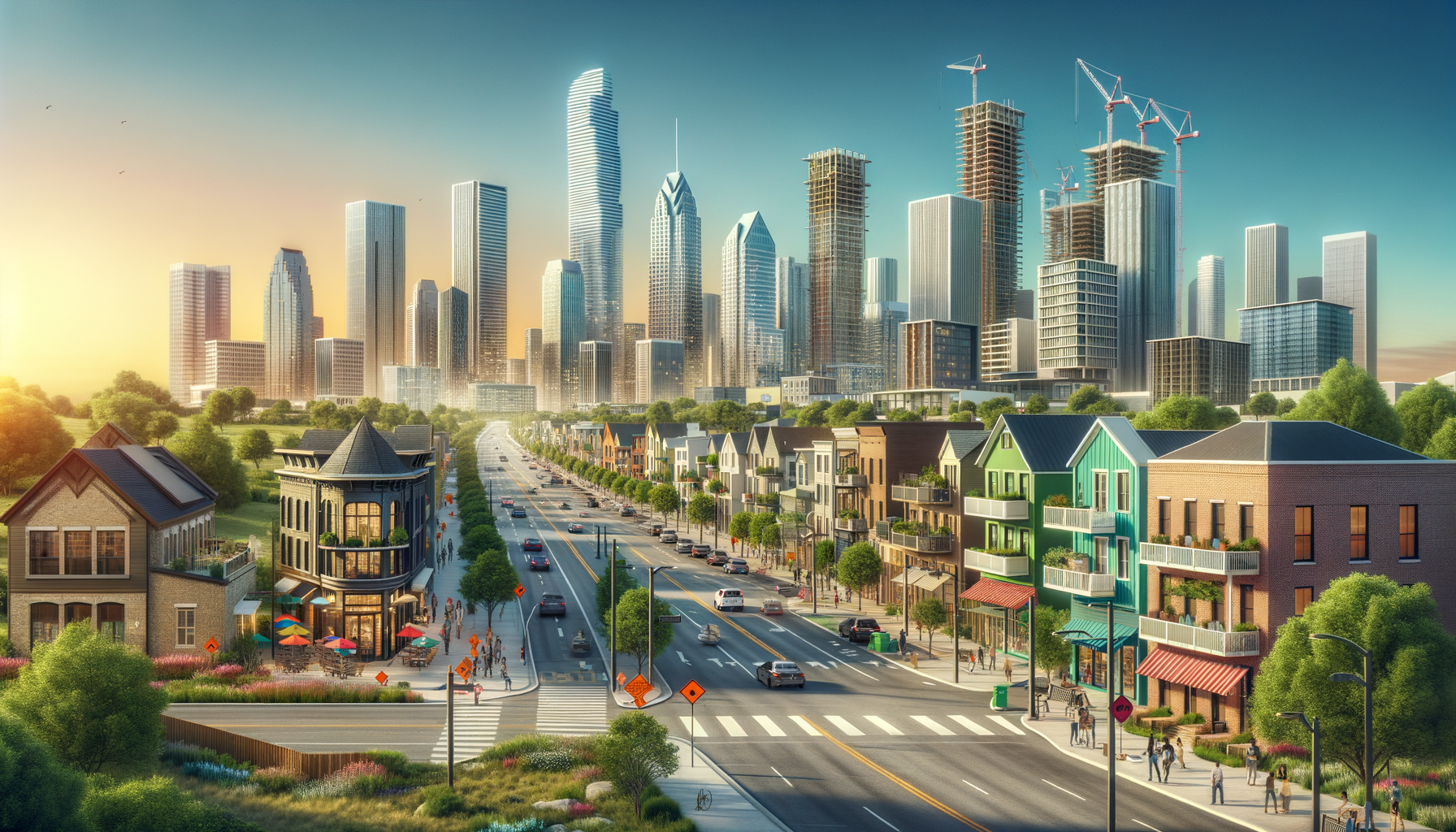 The hero image for this article could depict a dynamic and engaging scene that captures the essence of progress and community spirit in Pflugerville. Imagine a wide-angle view that visually embraces both the present and the future of Immanuel Road. The foreground shows the current state of Immanuel Road, a two-lane road bustling with daily life—cars, cyclists, and pedestrians navigating their way with the backdrop of Pflugerville's local businesses and homes. The road itself is bordered by construction signage indicating the upcoming expansion, with a digital billboard displaying a countdown to the project start date, subtly reminding the community of the exciting changes ahead. Transitioning from the foreground to the background, the image seamlessly morphs into an artist's vibrant rendering of the future Immanuel Road post-expansion. This envisioned future showcases a widened three-lane roadway, lush greenery along new sidewalks bustling with people, modern streetlights illuminating the path, and a pedestrian bridge in the distance. The addition of more accessible and safe sidewalks is highlighted by a family walking together, enjoying the new infrastructure. Above this inspiring scene, the sky is a canvas of dawn, symbolizing the new beginnings and growth on the horizon for Pflugerville, with construction cranes silhouetted against the rising sun, marking the ongoing development and progress. The image captures the essence of anticipation and community improvement, inviting Austinites to envision the positive changes the Immanuel Road Expansion project promises to bring. Overlaying this compelling visual, a semi-transparent banner contains the article's title, "Hey there, Austinites! The Road to the Future: Immanuel Road Expansion," with the subtitle emphasizing the community's journey towards a more connected and accessible Pflugerville. This hero image not only draws readers into the article but also encapsulates the excitement and communal benefits of the upcoming infrastructure improvements.