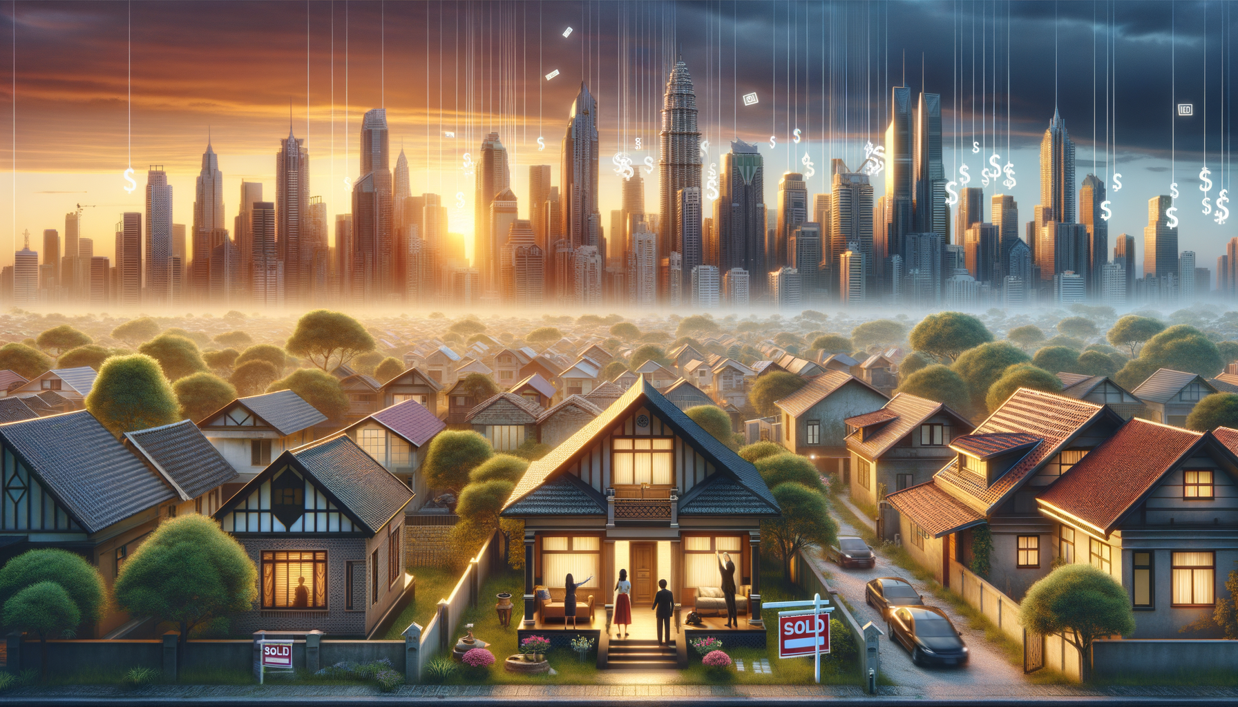 Riding the Wave: How Austin & New Braunfels Are Shifting to a Buyer’s Market The hero image for this article could vividly capture the essence of Texas real estate, specifically focusing on the vibrant and evolving markets of Austin and New Braunfels. Imagine an engaging and dynamic photograph that simultaneously showcases the beauty of Texas landscapes and the allure of its residential areas. In the foreground, a family is seen joyfully placing a sold sign in the yard of a beautiful home, symbolizing the buyer's market shift. The backdrop features a panoramic view of Austin's iconic skyline on one side, blending seamlessly into the charming, historic streets of New Braunfels on the other, illustrating the diverse appeal of both locations. The sky above transitions from dawn to dusk, with half portraying a bright Austin morning and the other a serene New Braunfels sunset, symbolizing the wide-ranging opportunities the current market offers to buyers at all times of the day. Scattered throughout the image, subtle graphical elements like downward trending arrows and dollar signs next to houses could hint at the decreasing home prices and the increased buying power. This composite image tells a story of hope, opportunity, and the dream of homeownership in Central Texas, resonating with potential buyers and setting the tone for the insightful content that follows.