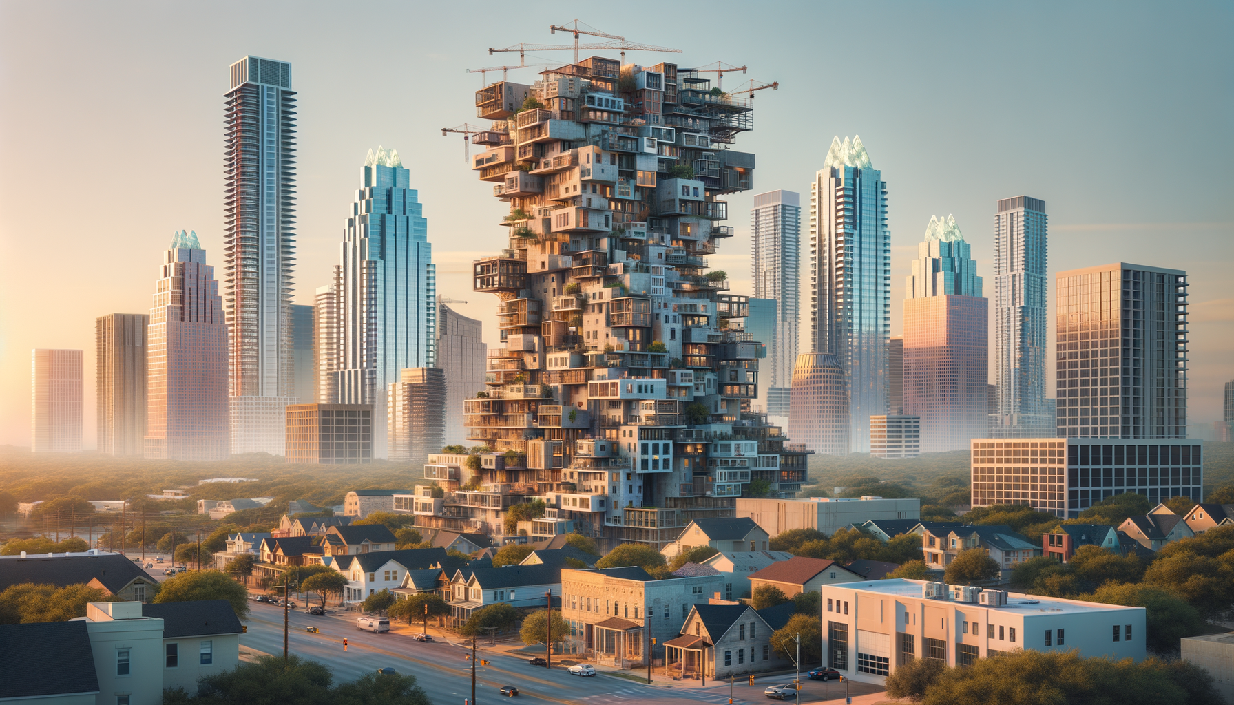 Prompt: "Create an image that captures the essence of Glen Powell's return to Austin, Texas, inspired by a conversation with Matthew McConaughey, reflecting the city's allure as a haven for creative talents seeking a balanced lifestyle. The scene should blend iconic Austin landmarks, such as the Capitol Building or Barton Springs, with symbols of Hollywood success and Texas charm, such as film reels and cowboy hats, all set against a backdrop of Austin's vibrant urban and natural landscapes. The image should exude warmth, welcoming vibes, and a sense of community, encapsulating the idea of Austin not just as a place to live, but a place to thrive both personally and professionally."