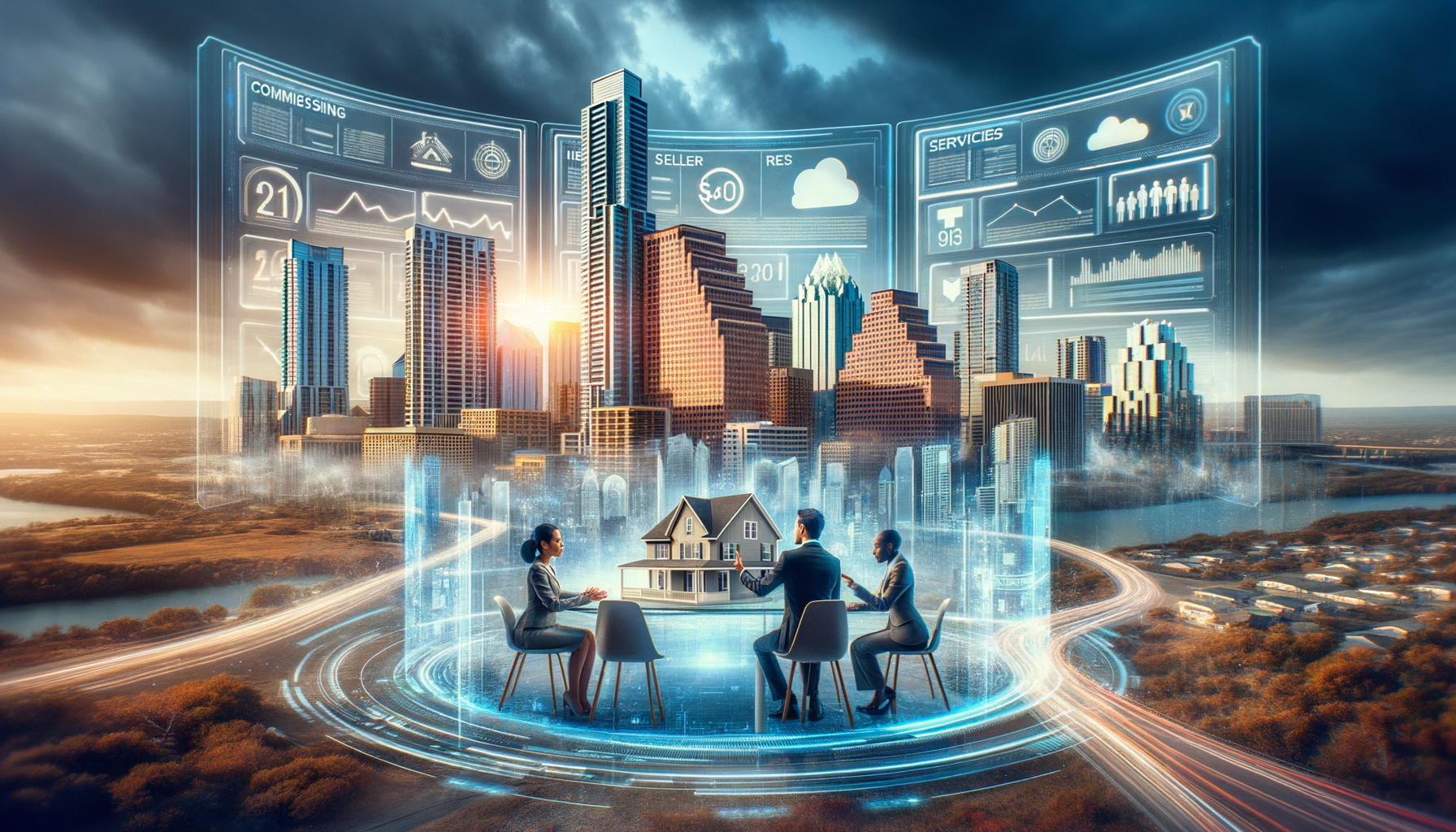 "Create an illustrative image showcasing the evolving Austin, Texas skyline with futuristic and transparent real estate offices, highlighting a diverse group of people (home buyers, sellers, and real estate agents) engaging in open and fair negotiation discussions around a model of a house. Overlay this scene with digital interfaces displaying various commission rates and real estate services to emphasize the new era of transparency and flexibility in the real estate industry, following the NAR settlement."