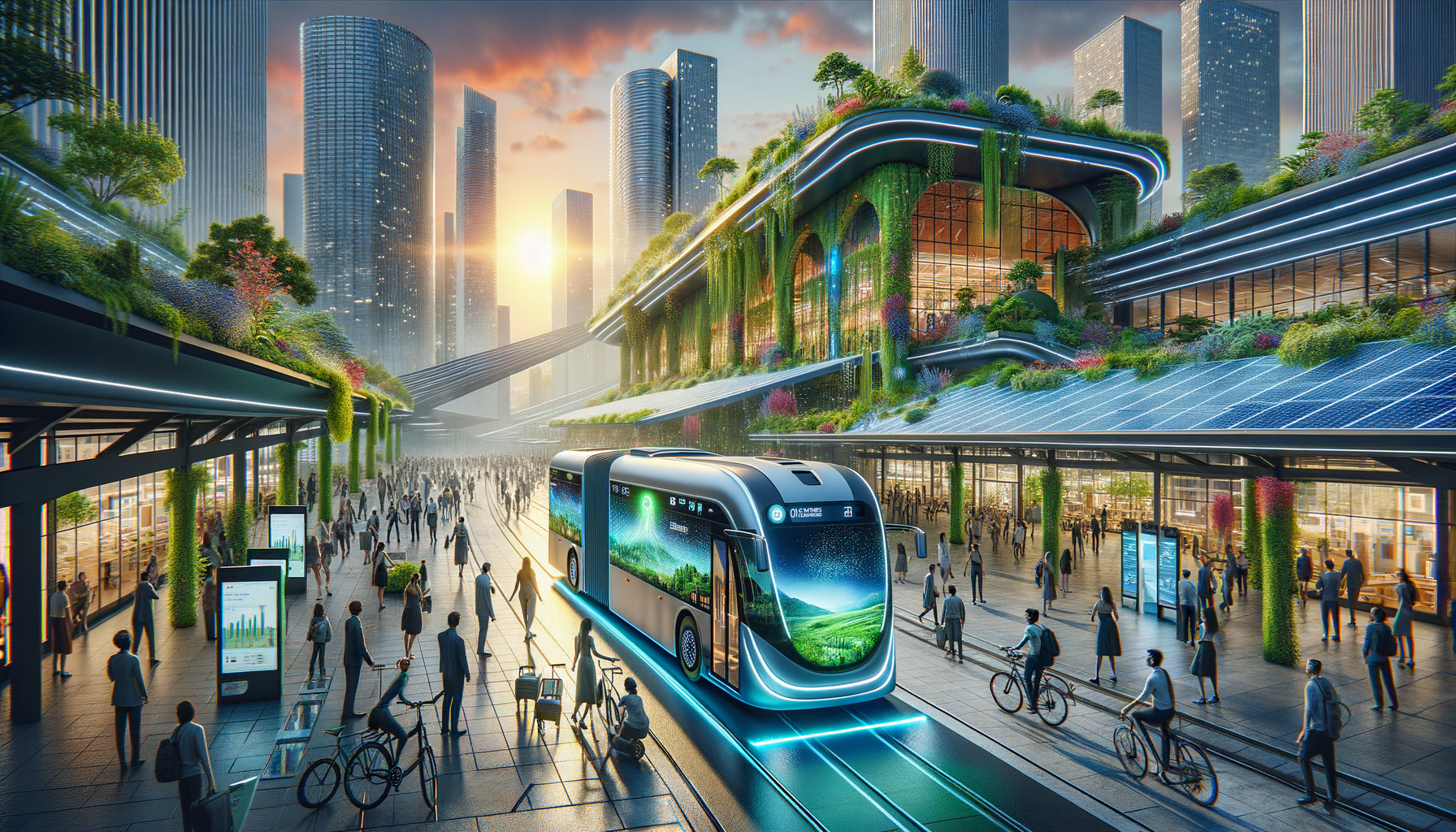 **DALL·E Prompt:** "Create a vibrant and futuristic image showcasing the transformation of CapMetro's headquarters located at 3100 East 5th Street, Austin, TX. The scene is bursting with energy and innovation, reflecting a blend of sustainable design and modern technology. In the foreground, an artistically reimagined CapMetro bus, sleek and electric, is boarding passengers eager to experience the new era of public transportation. The bus is adorned with a dynamic, digital display showing the lush, green landscapes of Austin, symbolizing the commitment to a cleaner environment. The headquarters building in the background is a marvel of architectural ingenuity, with solar panels, green roofs, and walls of living plants. Around the building, people of all ages and backgrounds are coming together, some riding bikes, others on foot, all converging in a communal space that celebrates the city's diversity and the shared journey towards a more connected and sustainable Austin. Interactive digital kiosks dot the scene, offering information and engaging the community in this transformative initiative. The entire composition is bathed in the warm glow of a Texas sunset, casting long shadows and highlighting the promise of a brighter, greener future for public transportation in Austin."