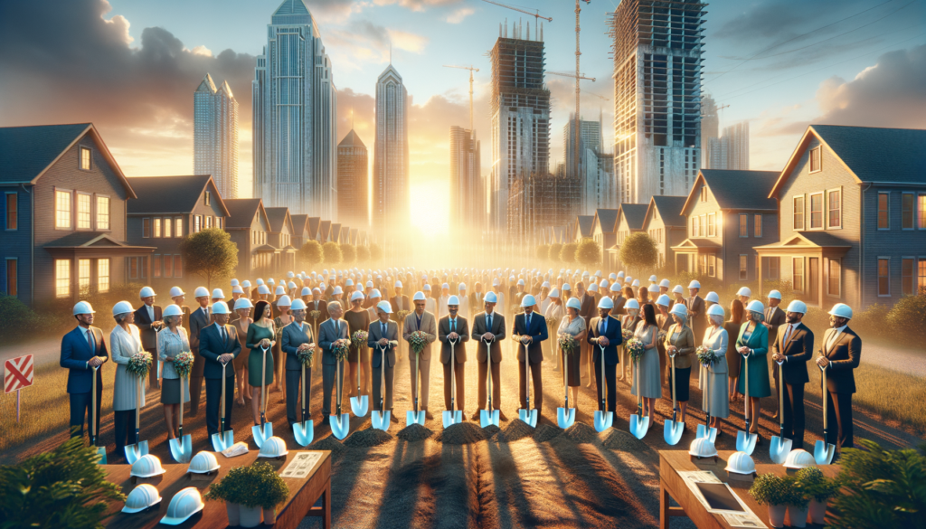 For the hero image of this article, envision a vibrant, hopeful scene that encapsulates the essence of community, support, and new beginnings in East Austin. The image could feature a panoramic view of the East Austin skyline at dawn or dusk, with warm, welcoming light bathing the area slated for Seabrook Square II. In the foreground, diverse groups of people—families, young adults, and community leaders—gather around a symbolic groundbreaking ceremony. They are holding shovels with ribbons, ready to dig into the earth, symbolizing the start of construction. The atmosphere is filled with joy and anticipation. At the center, a large, artistically rendered sign reads "Seabrook Square II: A New Beginning," surrounded by hard hats and construction blueprints, hinting at the work to come. In the background, you can see the Austin skyline, connecting this local effort to the larger city context. The image should convey a sense of hope, inclusivity, and the dawn of a new era for East Austin, with Seabrook Square II as a beacon of progress in the fight against homelessness. This visual narrative would not only draw readers into the heartwarming story of Seabrook Square II but also celebrate the broader community's role in supporting this transformative project. Vibrant colors, like the oranges and purples of a sunrise, could be used to symbolize a bright future, while the people's expressions and the clear, sunny sky convey optimism and the promise of a better tomorrow for Austin's most vulnerable residents.