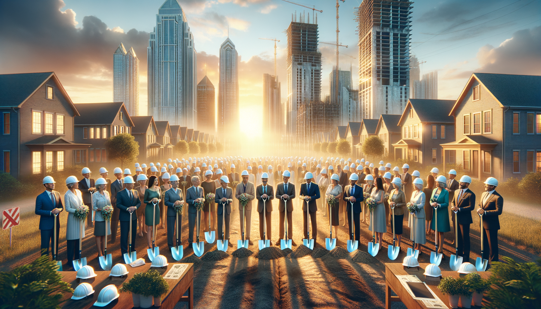 For the hero image of this article, envision a vibrant, hopeful scene that encapsulates the essence of community, support, and new beginnings in East Austin. The image could feature a panoramic view of the East Austin skyline at dawn or dusk, with warm, welcoming light bathing the area slated for Seabrook Square II. In the foreground, diverse groups of people—families, young adults, and community leaders—gather around a symbolic groundbreaking ceremony. They are holding shovels with ribbons, ready to dig into the earth, symbolizing the start of construction. The atmosphere is filled with joy and anticipation. At the center, a large, artistically rendered sign reads "Seabrook Square II: A New Beginning," surrounded by hard hats and construction blueprints, hinting at the work to come. In the background, you can see the Austin skyline, connecting this local effort to the larger city context. The image should convey a sense of hope, inclusivity, and the dawn of a new era for East Austin, with Seabrook Square II as a beacon of progress in the fight against homelessness. This visual narrative would not only draw readers into the heartwarming story of Seabrook Square II but also celebrate the broader community's role in supporting this transformative project. Vibrant colors, like the oranges and purples of a sunrise, could be used to symbolize a bright future, while the people's expressions and the clear, sunny sky convey optimism and the promise of a better tomorrow for Austin's most vulnerable residents.