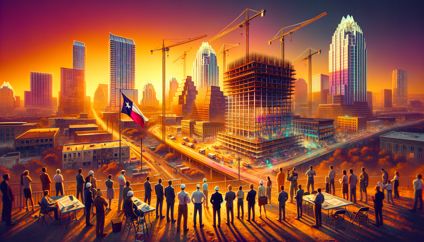 For the hero image of this article, envision a dynamic and visually compelling photograph that captures the essence of innovation, community, and resilience. The scene is set during the golden hour, casting a warm glow over the city of Austin, with the vibrant skyline in the backdrop to hint at the city's ever-evolving charm and character. In the foreground, an artistic rendering or a construction site photo of the upcoming TDEM Headquarters and SEOC stands proudly, showcasing the impressive architectural design with cranes and construction workers actively shaping its future. The image is bustling with energy, reflecting the spirit of progress and the promise of enhanced emergency response capabilities. To symbolize the project's significance and its community impact, incorporate elements that suggest strength and preparedness, such as steel beams being hoisted into place or a team of architects and engineers collaboratively reviewing plans. The Texas flag could subtly wave in the background, reinforcing the state's commitment to safeguarding its residents. Additionally, to capture Austin's unique vibe, consider adding a creative touch that nods to the local culture—perhaps a mural on a nearby building or a glimpse of a live music performance happening in the distance. This hero image would not only captivate readers but also convey the article's core message: a celebration of Austin's growth, resilience, and community spirit, all coming together at the dawn of a new era with the construction of the TDEM Headquarters and SEOC.