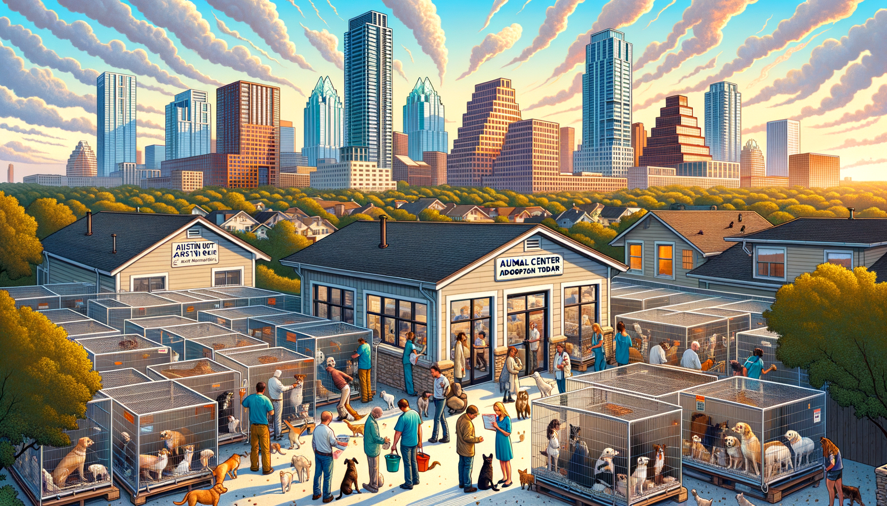 For an image that encapsulates the message and urgency of the article, the DALL·E prompt should aim to create a visually compelling and emotionally evocative scene that highlights both the plight of the animals and the community’s capacity for action. Here’s a detailed prompt: ``` "Create a heartwarming and detailed illustration that captures a bustling, vibrant Austin Animal Center brimming with a diverse array of animals in need, set against the backdrop of iconic Austin landmarks. In the foreground, depict a diverse group of community members - families, individuals, and rescue workers - actively engaging with the animals. Show a variety of scenes: a family pondering adoption as they interact with a playful dog, a volunteer comforting a scared kitten, and a rescue worker coordinating with potential fosters. Include subtle details like overcrowded kennels to hint at the urgency and the center's capacity issues, balanced with hopeful elements like 'Adoption Today' signs and a welcoming, open door. Ensure the iconic Austin skyline is visible in the background, symbolizing the broader community's involvement and support. The illustration should evoke a sense of urgency, compassion, and hope, encouraging viewers to take action, whether through fostering, adopting, or spreading the word." ``` This prompt is designed to produce an image that not only illustrates the immediate needs of the Austin Animal Center but also emphasizes the community's role in alleviating the crisis, all while grounding the scene in the recognizable and beloved setting of Austin, Texas.