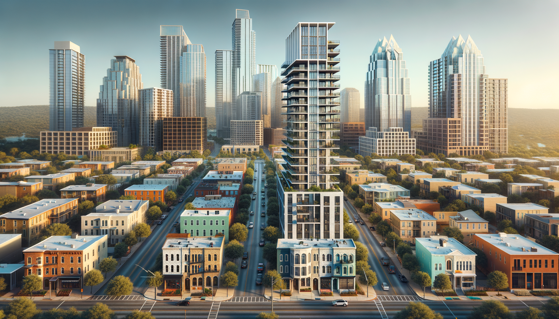 Create a photorealistic image embodying expert photography, focusing on showcasing diverse architectural styles. Place a unique high-rise building at the center of the image, surrounded by various distinct building types such as traditional single-family homes and modern structures. Make sure no building appears more than once in the scene. Represent the current weather conditions of a sunny day with a temperature of 94°F in Austin, TX, avoiding any inclusion of direct references to the Frost Bank Building. Exclude any human portraits, close-ups, textual elements, signs, labels, or symbols from the image. Instead, maintain a sharp focus on the architectural elements to capture attention and spur interest. Emphasize the vibrancy of the city while highlighting its bustling real estate market.