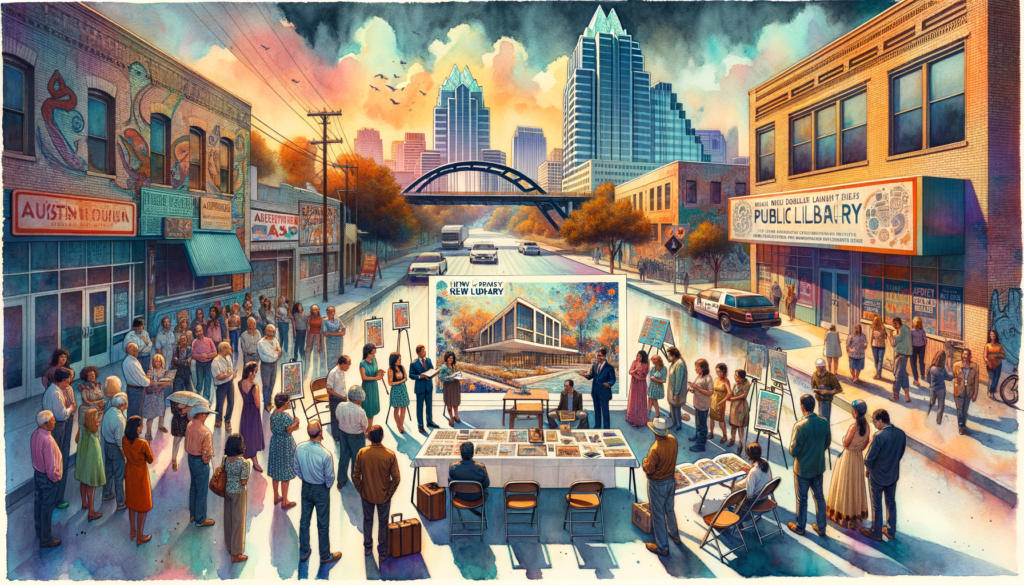 The hero image for this article could capture the essence of community, knowledge, and growth inherent to the New Del Valle Public Library's development. Imagine a vibrant and inviting scene that combines elements of Austin's unique culture with the anticipation of the new library. Here's a detailed description: ### Scene Composition: **Foreground:** A group of diverse Austin residents of all ages, from children to seniors, are gathered around a large, artistically designed poster or a digital screen showcasing the architect's rendering of the New Del Valle Public Library. Their expressions are a mix of curiosity, excitement, and pride. Some are pointing at the poster, discussing the features of the new library, while others are taking photos with their smartphones. A child in the group is holding a book about construction machines, visibly excited about the upcoming construction. **Midground:** Behind the group, a table manned by friendly library staff and volunteers offers community information about the library project. They're distributing flyers, answering questions, and encouraging people to participate in library events. A small banner above the table reads, "Future Home of the New Del Valle Public Library - A Community Dream Becoming Reality". There's also a model of the library on the table, drawing attention with its modern design and open spaces. **Background:** The backdrop showcases a vibrant Austin street scene that leads towards the construction site. The site is marked by a large, colorful banner with the library's name and "Coming Soon: 2026". Construction equipment is partially visible, symbolizing the beginning of something new. The iconic Austin skyline looms in the distance, with cranes and new constructions dotting the horizon, highlighting the city's growth and development. **Atmosphere:** The overall atmosphere is one of community engagement and anticipation. Warm sunlight bathes the scene, creating a hopeful and positive vibe. The colors are bright and welcoming, with the library's branding colors integrated subtly throughout the scene, from the clothes of the people to the decorations on the table. **Elements of Austin:** To tie in Austin's unique culture, small details like a guitar leaning against the table, a food truck in the background selling breakfast tacos, and a mural of the Congress Avenue Bridge with bats flying out at sunset can be seen. These elements subtly remind viewers of the city's love for music, food, and nature. This hero image would not only draw attention to the article but also encapsulate the excitement, community spirit, and cultural richness of Austin as it welcomes a new era of learning and growth with the construction of the New Del Valle Public Library.