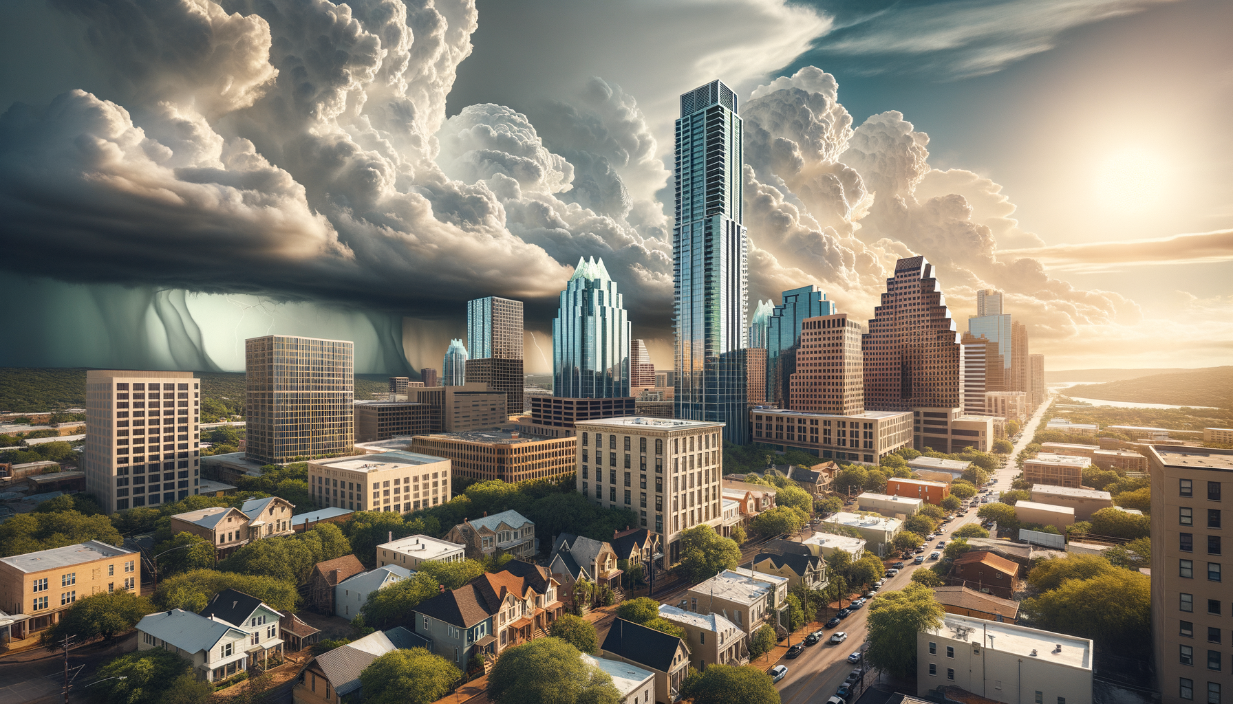 Create a photorealistic image of an urban cityscape that is modeled after Austin's architecture during a day with mixed weather conditions. Maturing thunderstorm clouds and sunshine should simultaneously fill the sky. The cityscape should feature a wide range of architectural styles: include a unique tall skyscraper unrecognizable from any real-life structures but evoking a similar degree of awe as Austin's Frost Bank Building, various types of traditional single-family homes, and an array of modern buildings. No building should be repeated more than once. The scene should emulate the artistic styles found in expert photography, giving it an engaging and attention-grabbing quality.