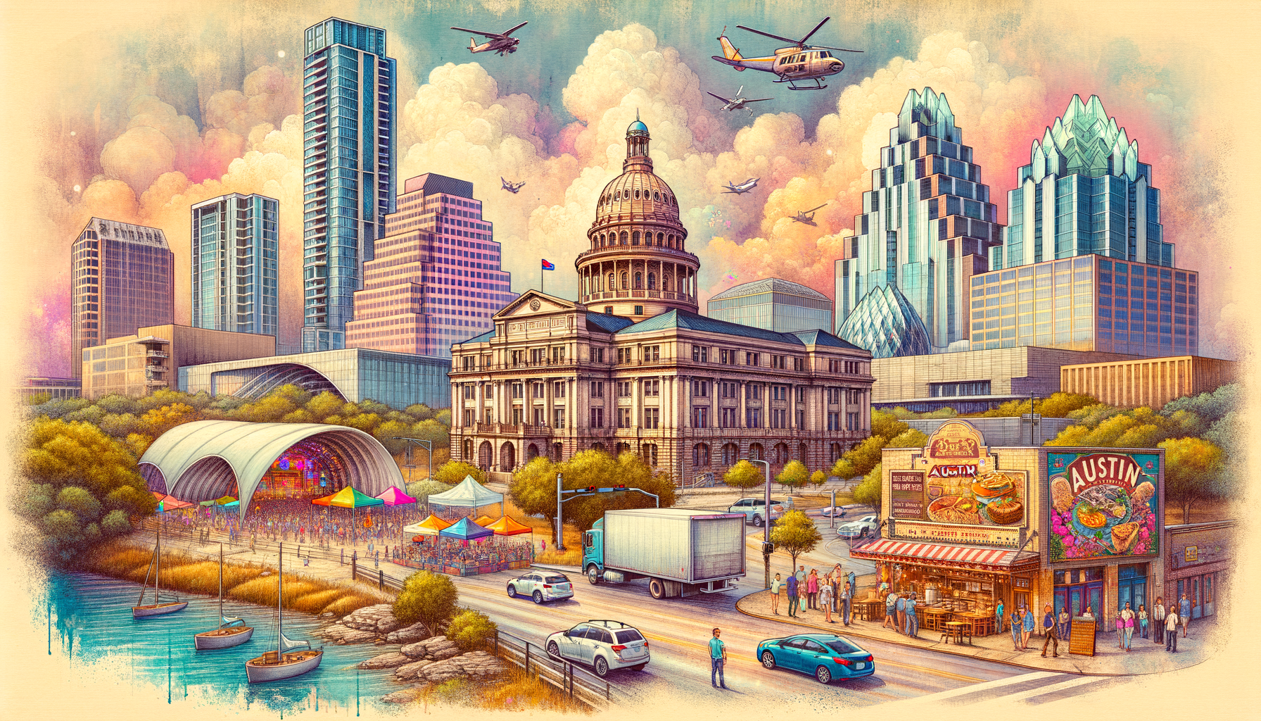 Create an intricate watercolor & ink image that captures modern-day Austin in high detail. The scene blends elements from important points mentioned in the article: the unpredictable weather with the possibility of a thunderstorm, events like a cheery children's show at Bass Concert Hall, a food festival at Republic Square, and technological advancements in construction. Evidence of Austin's vibrant food scene and thriving airports is also infused subtly. The image style is inspired by vintage Austin postcards, maintaining a retro feel but integrated with the modern Austin aesthetic. The skyline, if included, showcases diverse architecture but only one of each type of building. The artwork should evoke a sense of nostalgia and pride, connecting with Austinites instantly.