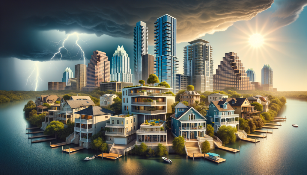 Create a photorealistic expert photography-style image of different architectural styles ranging from a unique high-rise building to traditional single-family homes and modern structures. The collection of buildings should not include any trademark-protected items or the Frost Bank Building in Austin. Include a diverse weather scene to capture the unpredictability of Austin's weather, showing a radiant sun but also the gathering of a severe thunderstorm in the distance. Please take care to ensure that none of the buildings are repeated more than once.