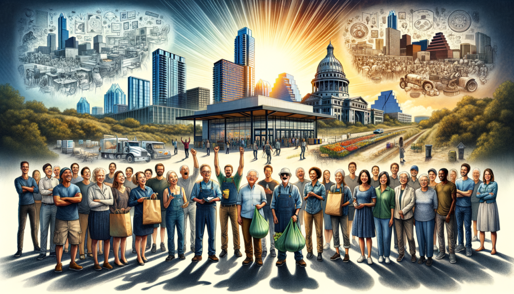 The hero image for this article could capture the vibrant essence of Austin and the anticipation surrounding the new H-E-B project in Manor. Visualize a lively and colorful scene that combines elements of Austin's landscape with hints of the upcoming developments and community spirit. **Image Description:** In the foreground, a diverse group of smiling people of all ages stand together, showcasing the close-knit community vibe of Austin. They are holding reusable grocery bags with the H-E-B logo, ready for their first shopping trip to the new store. Among the group, a person is holding a JISULIFE portable handheld fan, emphasizing the article's tips on staying cool. The middle ground is dominated by an artist's impression of the new H-E-B store in Manor, under construction but clearly identifiable by the H-E-B signage. The illustration highlights the modern and fresh design of the building, with workers in hard hats and reflective vests bustling around, symbolizing progress and job creation. In the background, a panoramic view of Austin's skyline under a bright, sunlit sky conveys the warmth and vibrancy of the city. The infamous "Heat Dome" is creatively represented by a subtle, transparent dome over the city, with sun rays piercing through, emphasizing the importance of staying cool. To the side, a small yet noticeable montage features the additional elements of Manor Crossing: sketches of Home Depot, T.J. Maxx, and various eateries, suggesting the one-stop-shop convenience and excitement this development promises. **Key Elements to Include:** - Community spirit: A group of happy, diverse Austin residents. - H-E-B and Manor Crossing: Artistic representations of the new developments. - The Heat Dome: A creative depiction of Austin's heat challenge. - JISULIFE fan: A person holding the fan, tying in the article's recommendation. - Austin's skyline: Showcasing the city's beauty and vibrancy. This composition tells a story of community excitement, development, and the quintessential Austin spirit of staying cool and embracing new adventures, perfectly encapsulating the essence of the article.