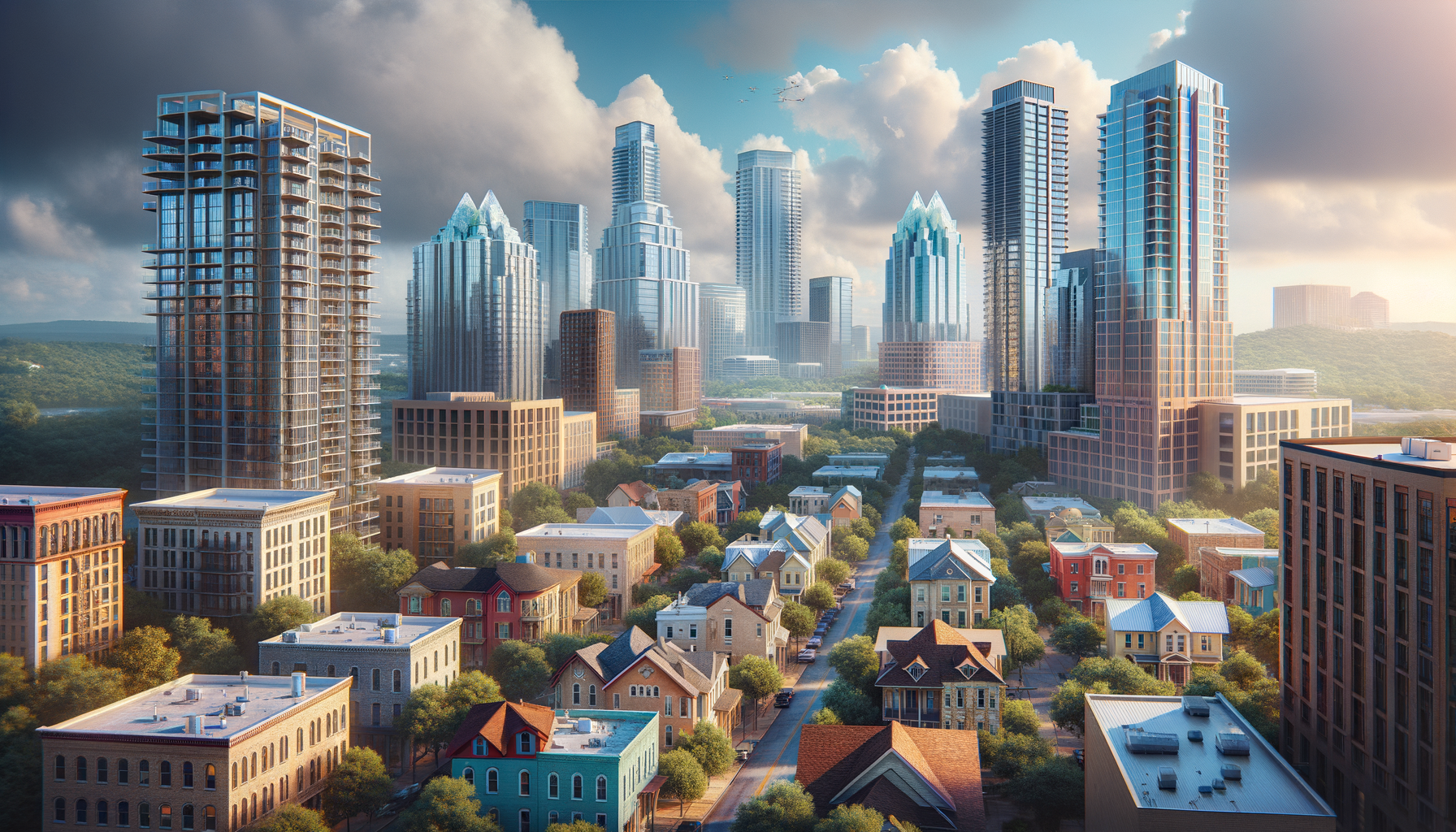 Create a photorealistic image in the style of expert photography, without close-ups or portraits of individuals. The scene should be set in a city, complete with diverse architectural types like high-rises and traditional single-family homes as well as modern structures. Prioritize the incorporation of one unique high-rise and several distinct types of buildings, ensuring that no building repeats more than once. Avoid depicting any building resembling Austin's Frost Bank Building. Reflect the current weather forecast in the image, with a high temperature of 84°F and a low of 65°F, the scene should show partly sunny skies, perfect for outdoor activities. Do not include any signs, text, labels, symbols, or trademark-protected items in your depiction, but rather include similar generic alternatives.