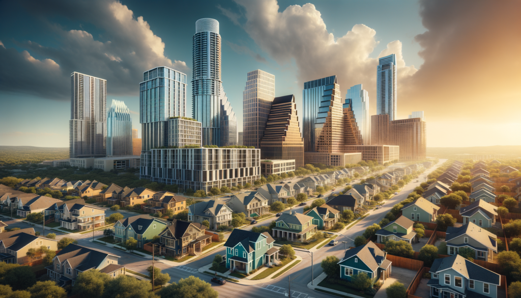 Create a photorealistic professional photography-style image inspired by a blending of urban and suburban life aspects in a dynamic city. Picture a scene with varied architectural styles: from a unique skyscraper slicing the skyline, though noticeably not similar to Austin's Frost Bank Building, to conventional single-family homes and cutting-edge buildings. Each edifice should be distinct, with no replication of structures. Include the weather based on an accurate forecast, showcasing partly sunny skies turning into overcast conditions. Replace any trademark-protected items with generic counterparts. Exclude any close-ups of individuals and avoid featuring any textual elements like signs or symbols in the scenario. This harmonious assembly of urban and suburban life indicates the city's diversity, adding life to the story.