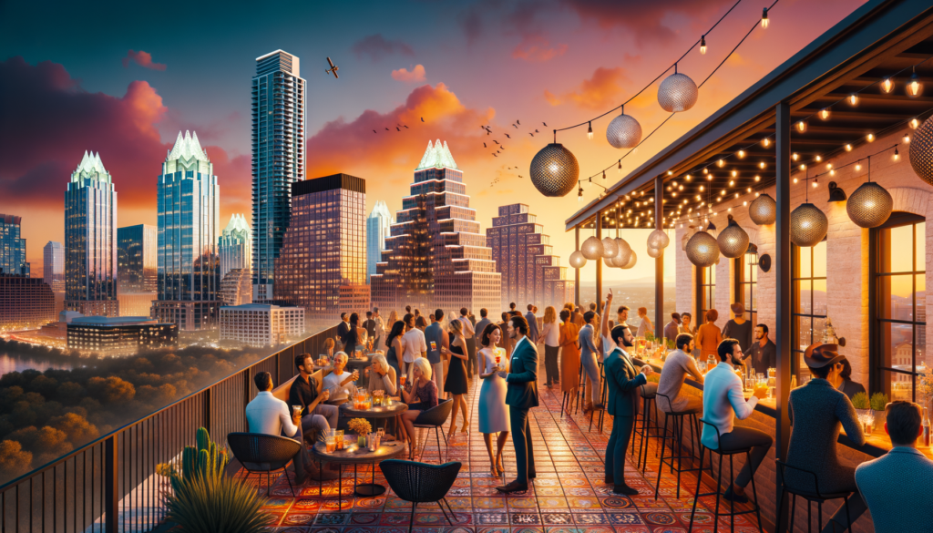 "Create an image capturing the vibrant energy of Arriba Abajo, the new rooftop cantina atop the Thompson Austin hotel. Picture a bustling, stylish crowd enjoying eclectic mezcal cocktails against a backdrop of Austin's glittering skyline at sunset. The scene is alive with the rich, warm colors of Mexico, from the terracotta tiles to the lush greenery accenting the bar. Lanterns cast a soft glow, illuminating faces in laughter and conversation, while a musician strums a guitar, adding to the ambience. In the foreground, a hand raises a toast with a signature margarita, the city lights reflecting in the glass. This image embodies the fusion of luxury, culture, and the spirited heart of Austin nightlife."