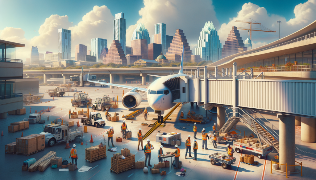 For the hero image of this article, visualize a dynamic and engaging scene that encapsulates the excitement and transformation happening at Austin-Bergstrom International Airport (AUS). Imagine a bright, clear day with the iconic Austin skyline in the background, symbolizing the city's vibrant culture and growth. In the foreground, focus on the state-of-the-art Passenger Boarding Bridges (PBBs) being installed at the airport, with construction workers actively engaged in the process, showcasing the upgrade in action. The scene is bustling with energy, reflecting the article's lively tone. A modern airplane is positioned nearby, with the new PBB extending towards it, symbolizing the future of travel at AUS. The construction site is clean and organized, indicating the efficiency and progress of the project. Incorporate elements that hint at the broader scope of the renovations, such as signs for the Barbara Jordan Terminal or construction blueprints peeking out from a worker's pocket. To tie in the local Austin flavor, add subtle nods to the city's culture, like a guitar leaning against a nearby tool box or a food truck in the distance serving breakfast tacos to the construction crew, bringing a sense of community and local flair to the scene. The image should be vibrant and full of life, capturing the reader's attention and drawing them into the story of transformation, not just at the airport, but in Austin as a whole. This hero image should inspire excitement about the future, showcasing the blend of innovation, community, and culture that makes Austin unique.